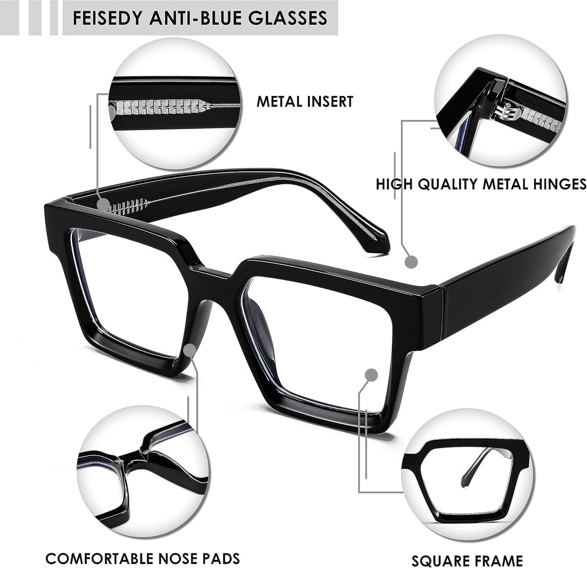 ÉÌƷͼƬ 19 | B0CDBH37B5 | FEISEDY Oversized Blue Light Glasses for Women Men TR90 Retro Square Anti Eyestrain Glasses Rectangle Fashion Frame B0037
