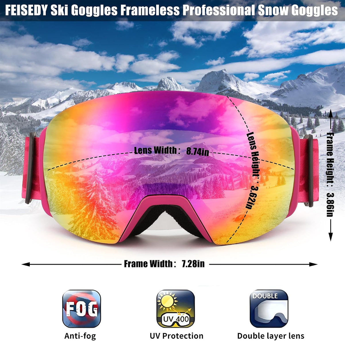 商品图片 36 | B0CD3JFB1C | FEISEDY Magnetic Ski Goggles for Men Women Youth Frameless Snow Goggles 100% UV Protection Snowboard Goggles B0020