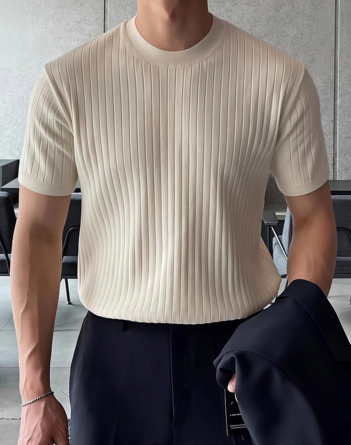Medium / White | B0GMH11MZ2 | Men's T-Shirts Short Sleeve Knit Shirt - Casual Crewneck Ribbed Tee Shirt Soft Breathable Fabric, Slim Fit for Daily Wear