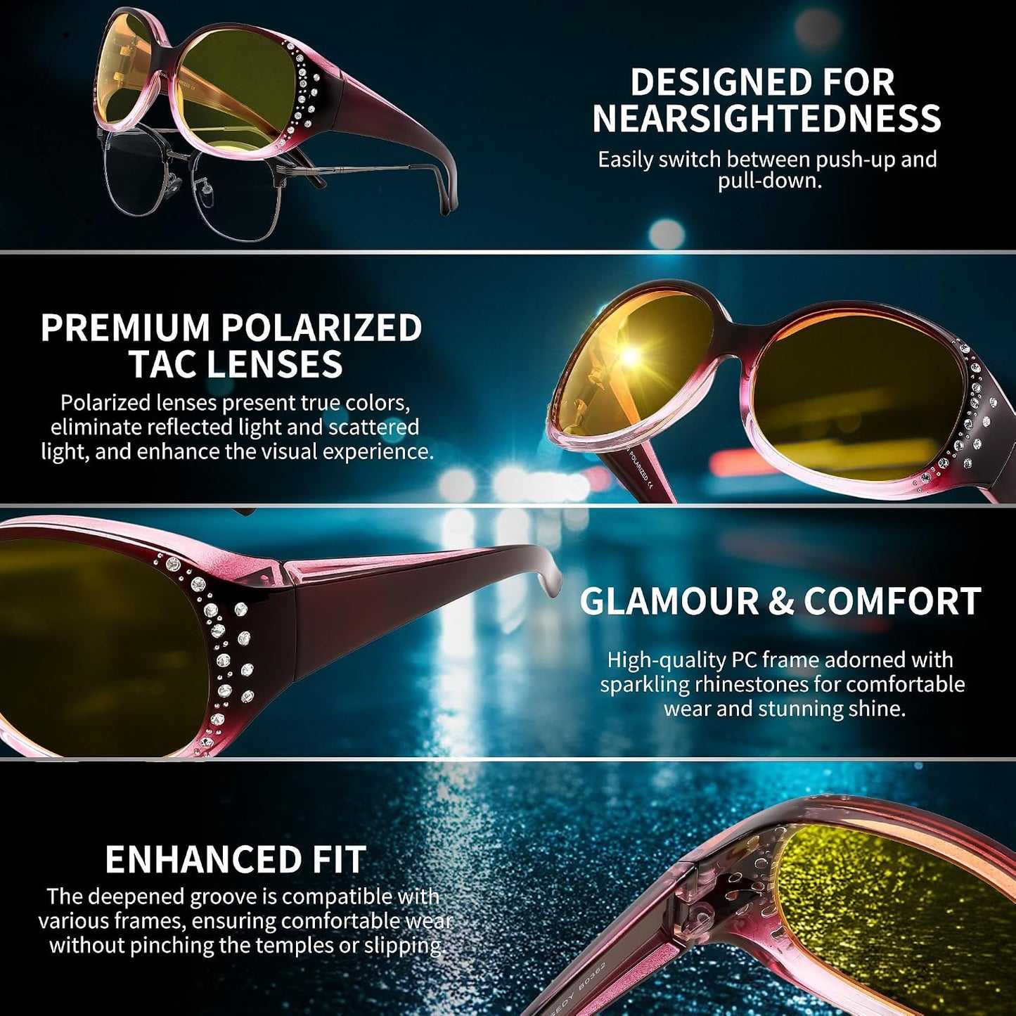 商品图片 17 | B0GRVLVZYS | FEISEDY Women's Polarized Wrap-Around Fit Over Sunglasses with Rhinestones, Anti-Glare Driving Sun Glasses B0362