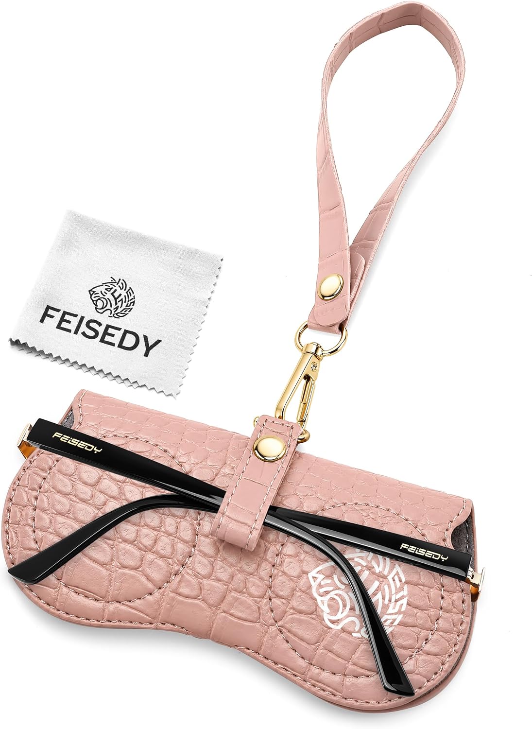 Nude Pink | B0H4QXJLVT | FEISEDY Soft Crocodile Textured Leather Sunglass Bag, Portable Glasses Pouch With Button Clip Wrist Strap B0366
