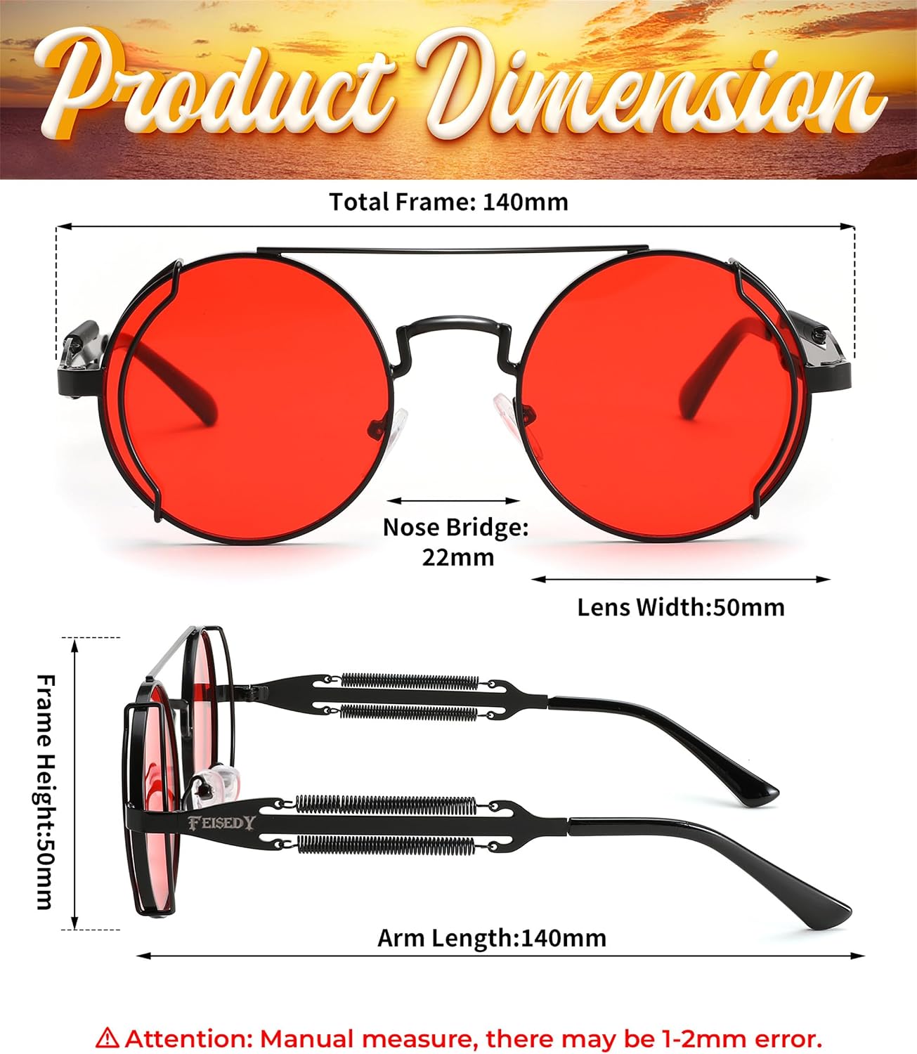 商品图片 13 | B0BD4MSMZQ | FEISEDY Aviator Sunglasses for Men Women Steampunk Round Metal Frame B2351