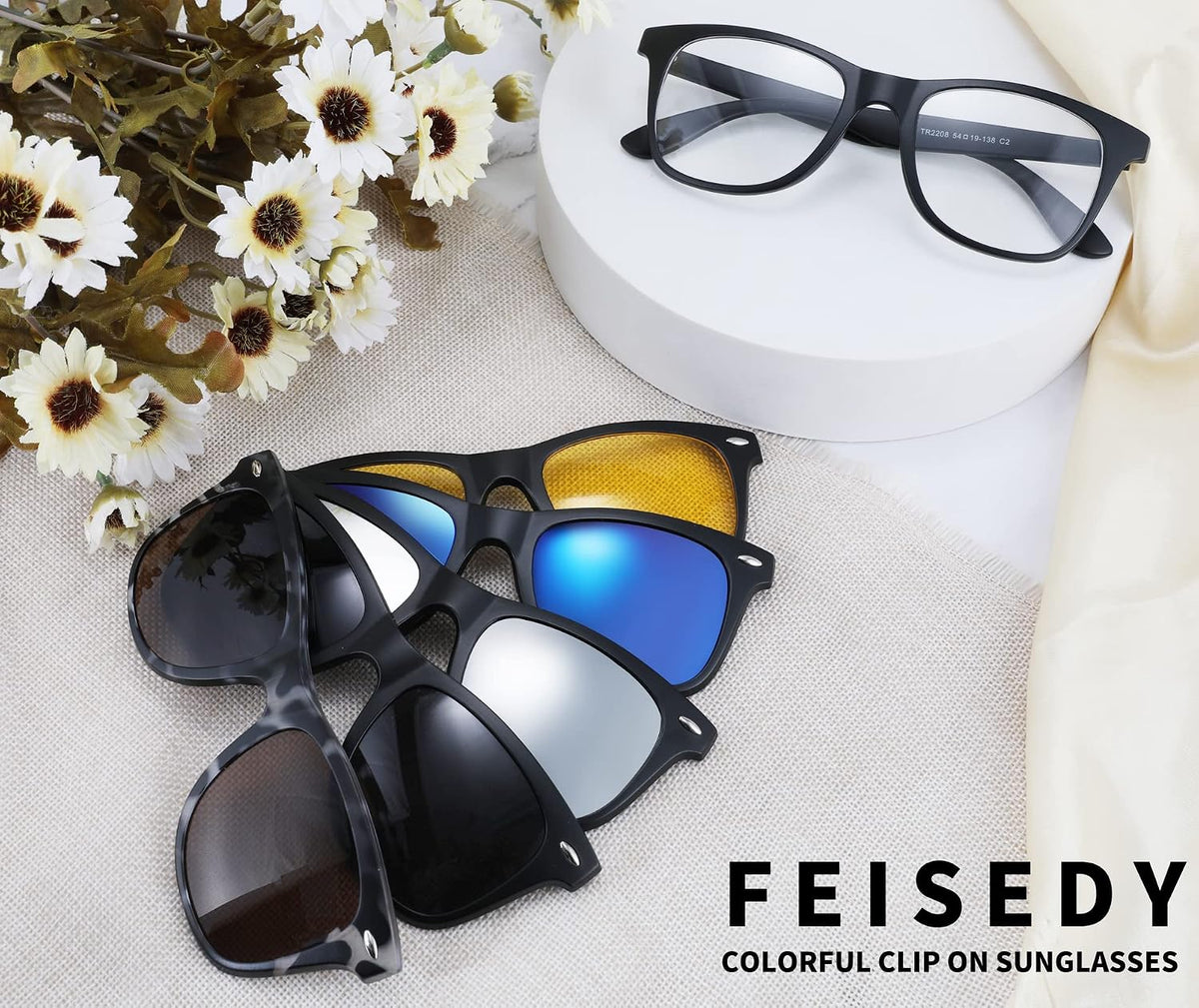 商品图片 14 | B09R13L9H4 | FEISEDY Magnetic Clip on Sunglasses TR90 Frame TAC 5pcs Replacement Lens Set Sunglasses for Men Women B2884