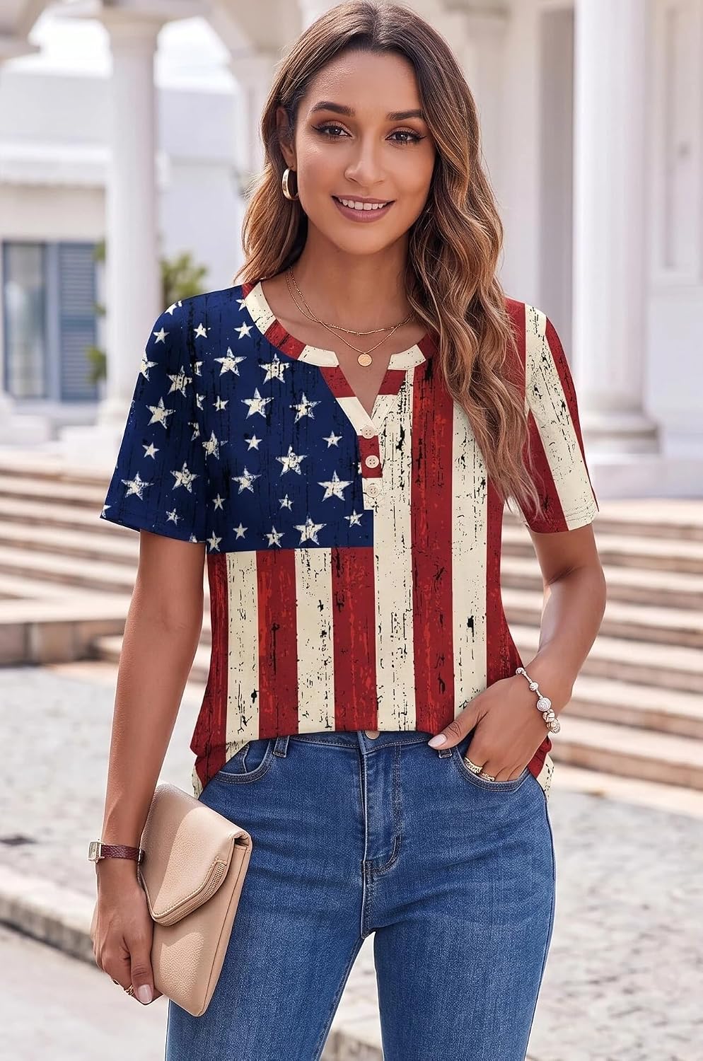 商品图片 4 | B0H4K1ZDH7 | Women's 4th of July American Flag Shirt, Short Sleeve V Neck Patriotic T-Shirt, Casual Summer Tops for Independence Day