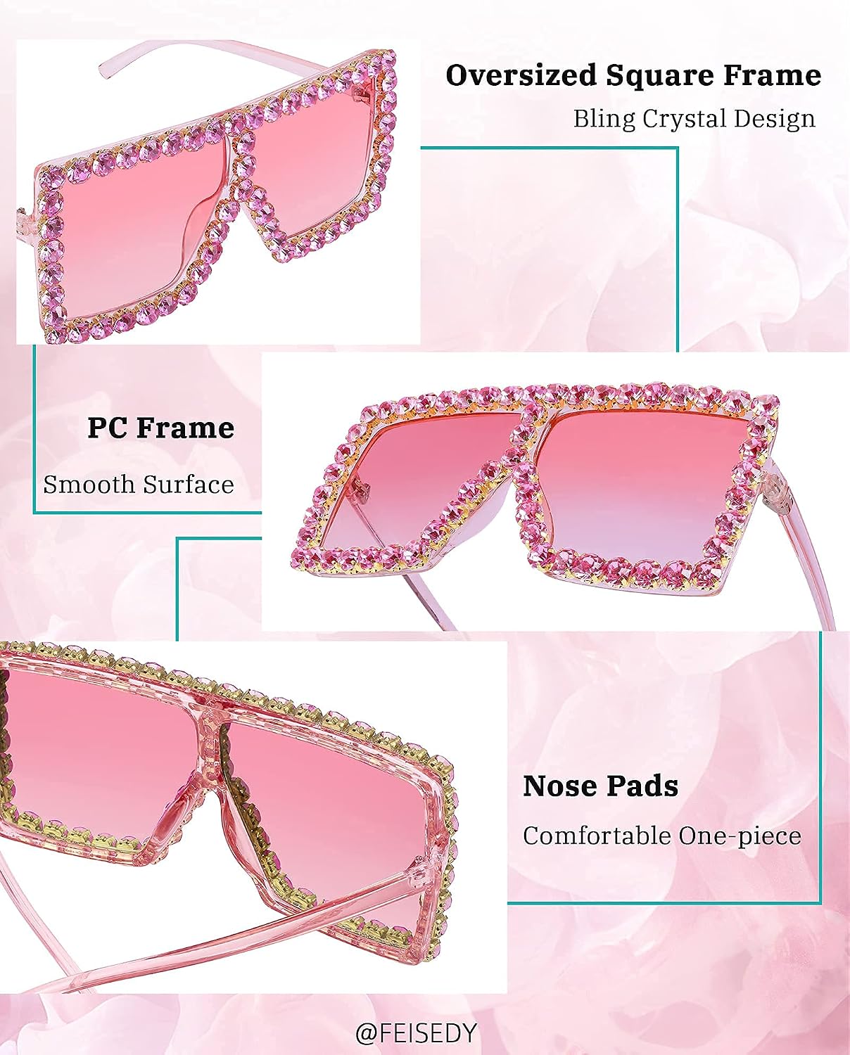 商品图片 33 | B096YZPRF2 | FEISEDY Oversized Sparkling Crystal Sunglasses Disco Diamond Flat Top Fashion Square Large Shades B2782