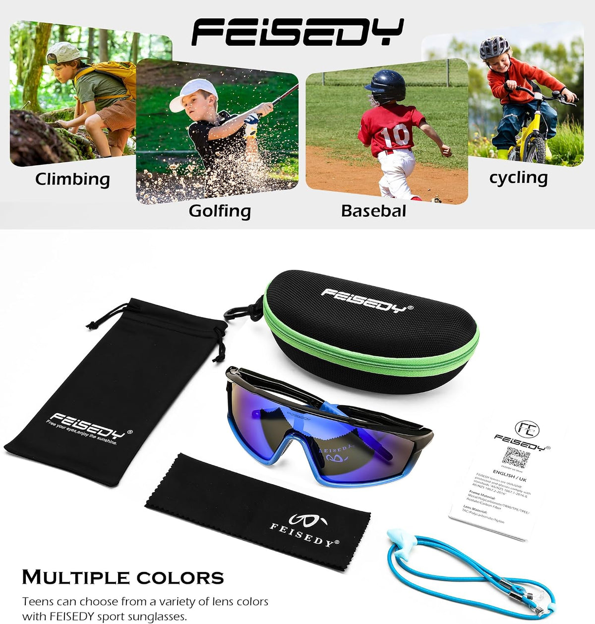 ÉÌƷͼƬ 21 | B0DFLMHFF6 | FEISEDY Kids Teens Baseball Polarized Sunglasses Lightweight TR90 Frame UV400 Sports Cycling Shades for Boys Girls B0186
