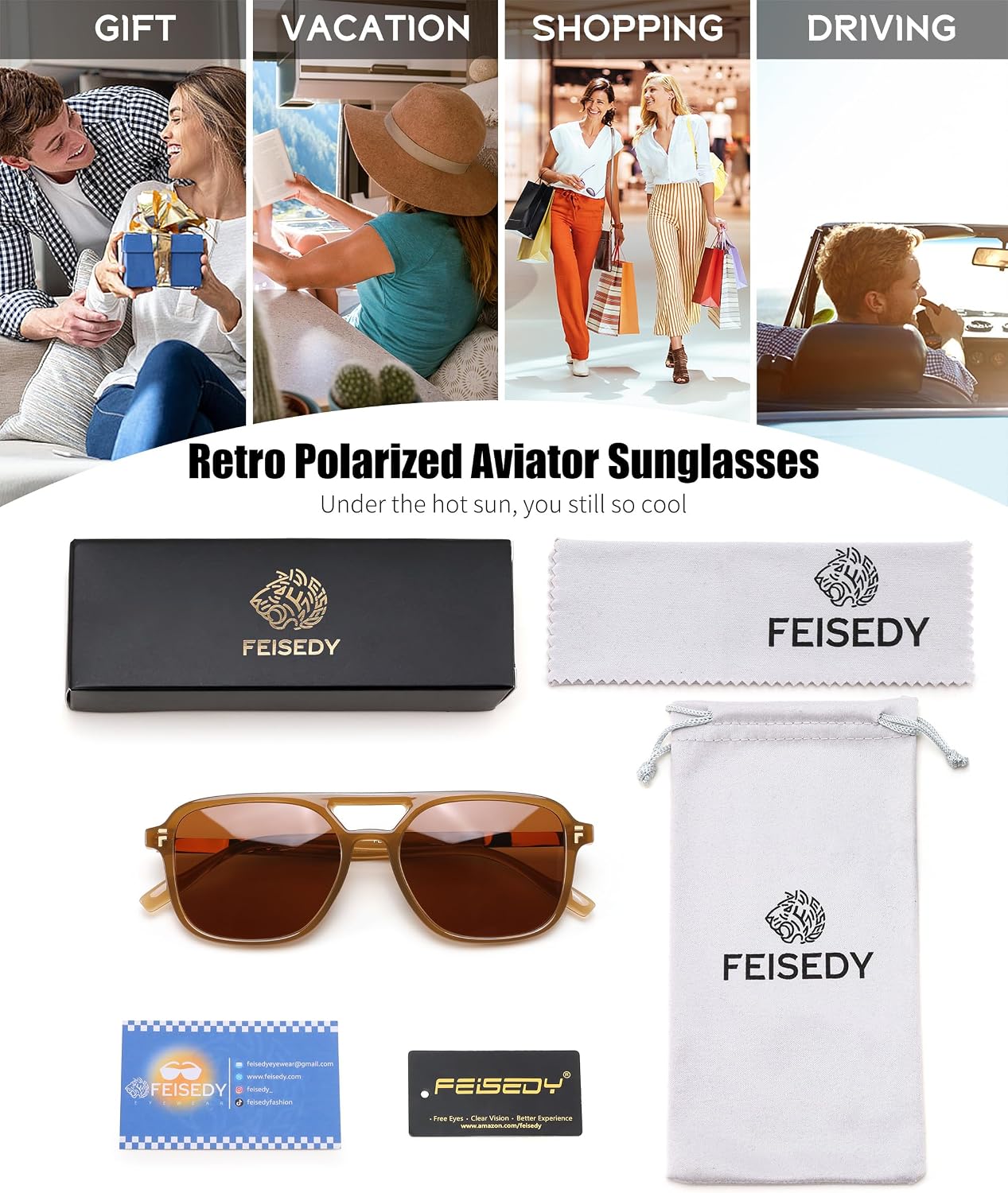 商品图片 35 | B0H2V9BFS5 | FEISEDY Retro Polarized Aviator Square Sunglasses for Women Men UV400 B0357
