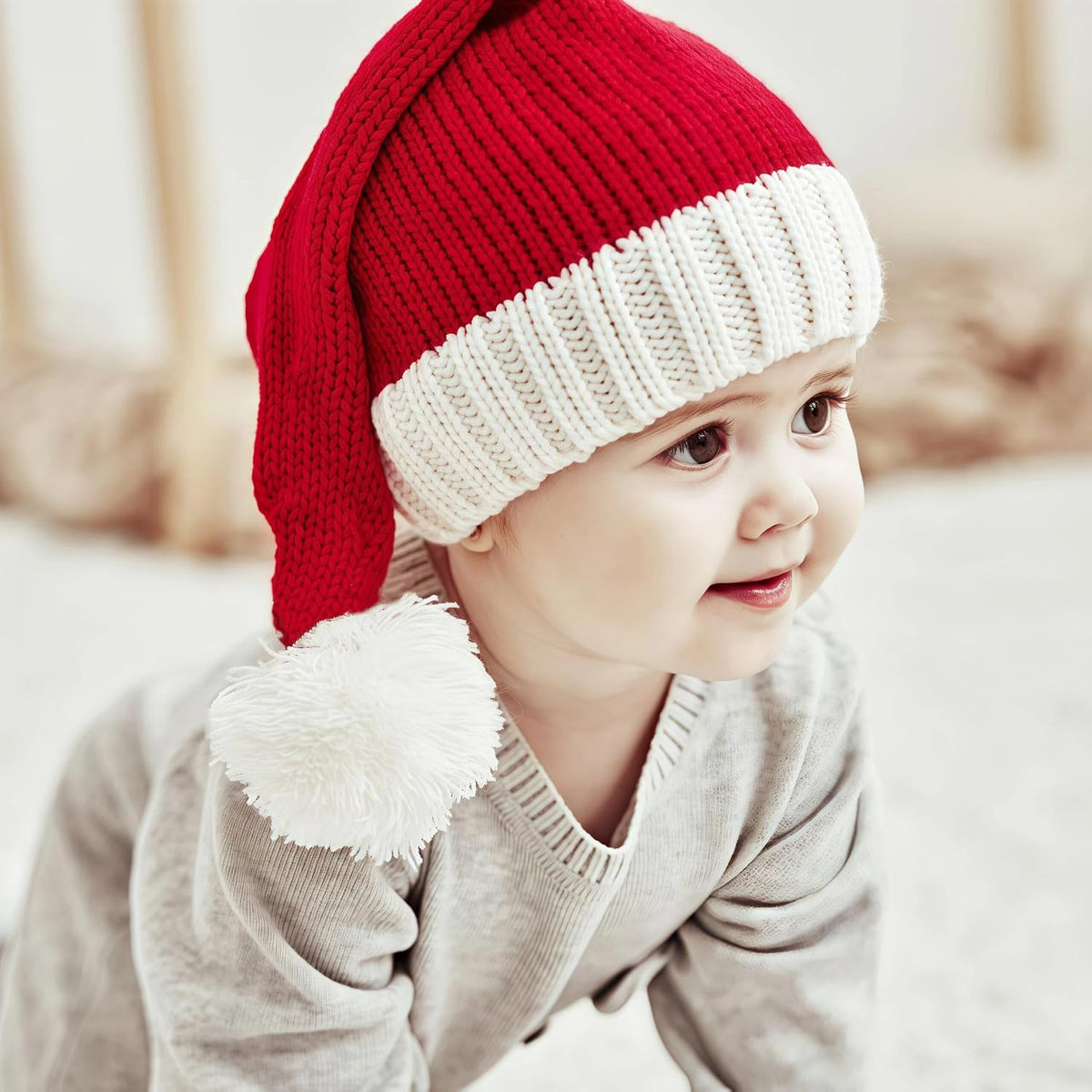 商品图片 2 | B0FWRJTSBJ | Santa Hats Adult & Kids, Christmas Hat with Pom Pom - Stretchy Knit Beanie, Soft Warm Acrylic Winter Hat for Xmas Party