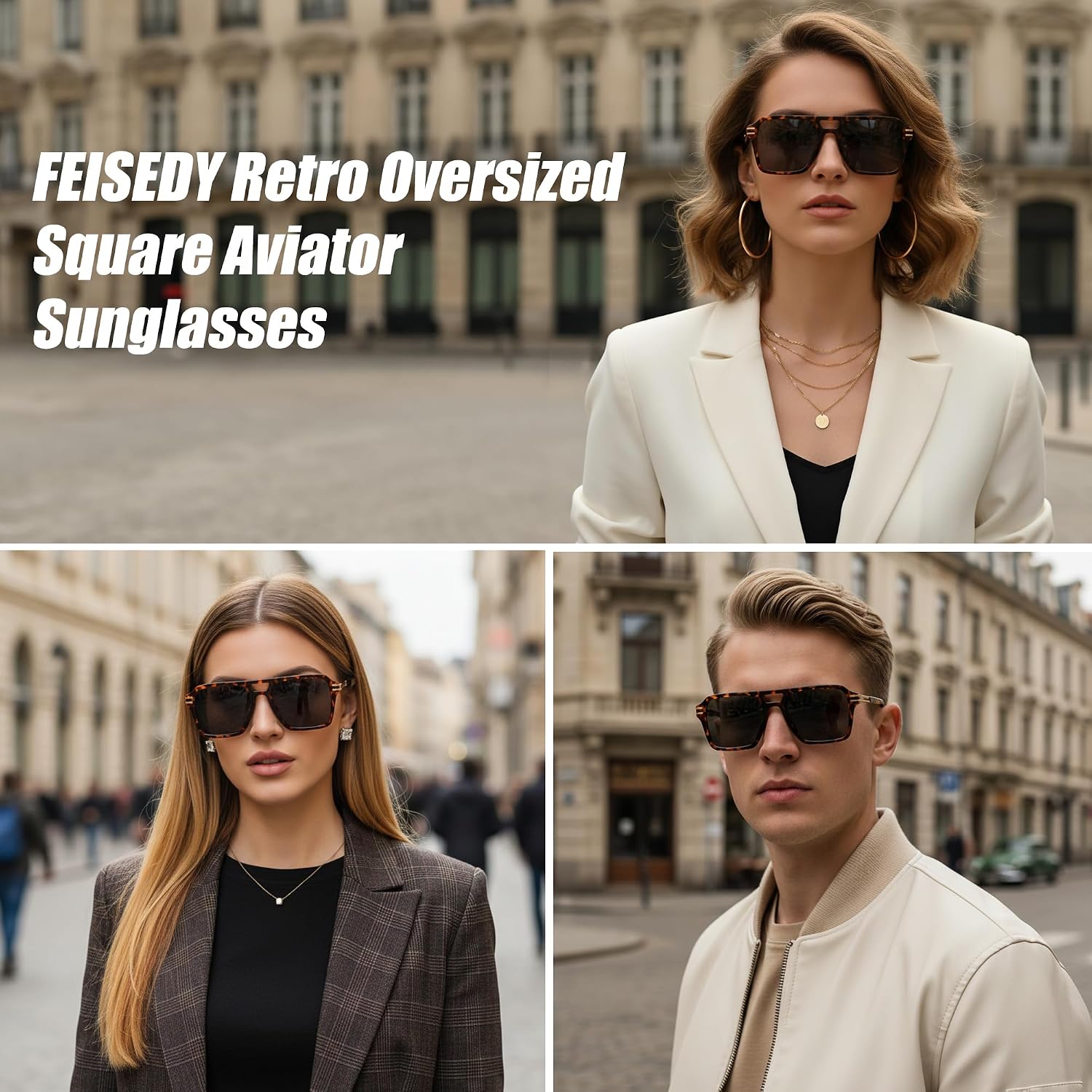 商品图片 21 | B0GVNPDBZQ | FEISEDY Retro Aviator Sunglasses Women Men 70s Trendy Square Shades B0422