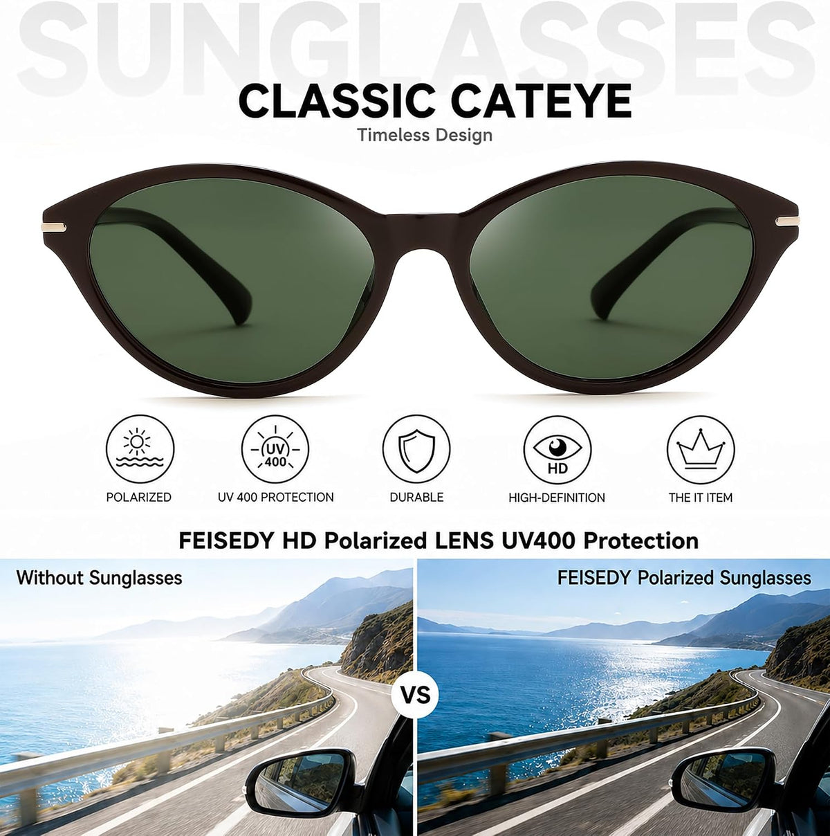 ÉÌƷͼƬ 21 | B0HBV67DG3 | FEISEDY Retro Polarized Cat Eye Sunglasses for Women Men UV400 B0466