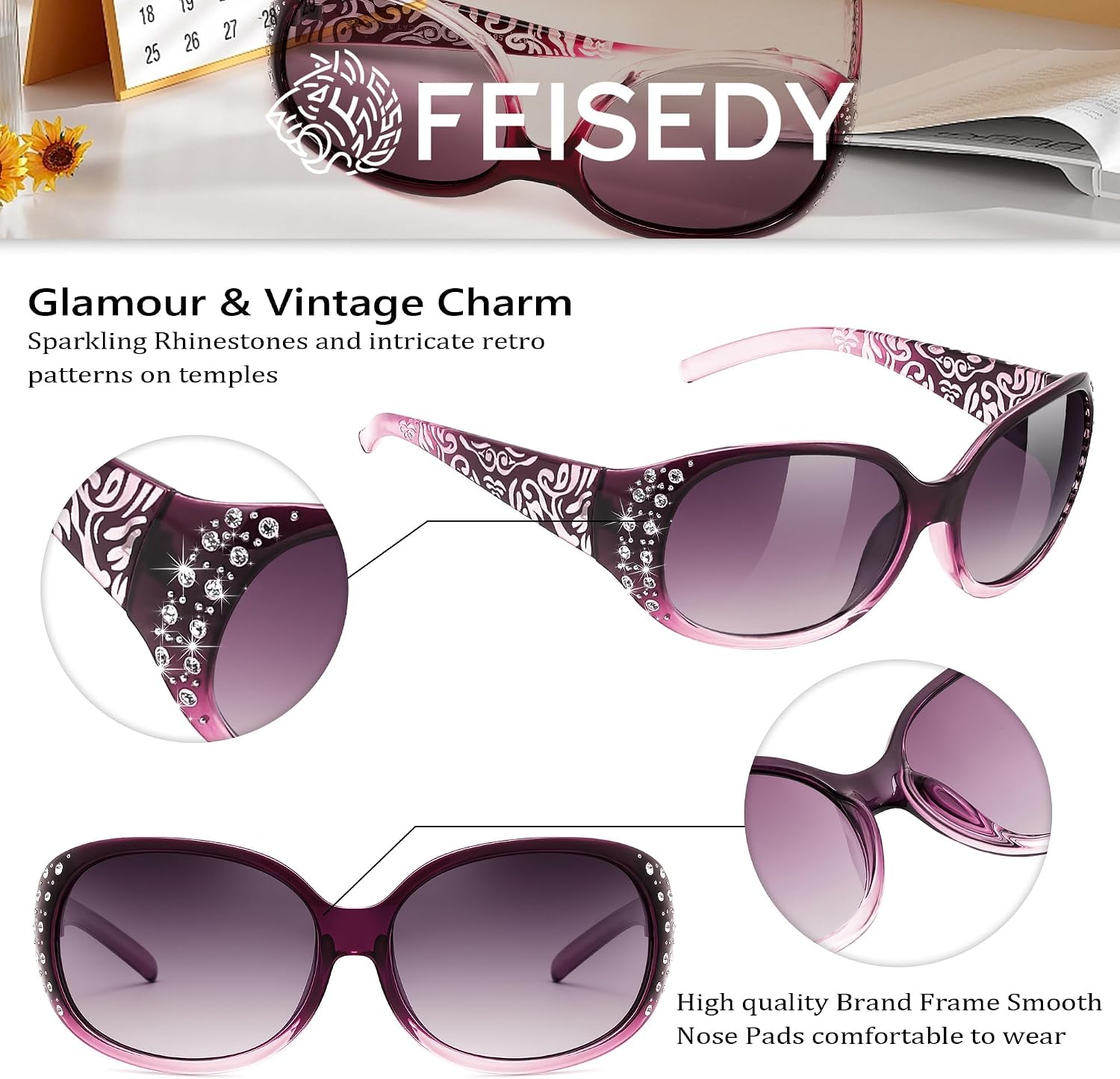 商品图片 30 | B0FZT6D16L | FEISEDY Women's Polarized Sunglasses Wrap Around Rhinestone Design Fashion Sunnies UV400 Protection B1091