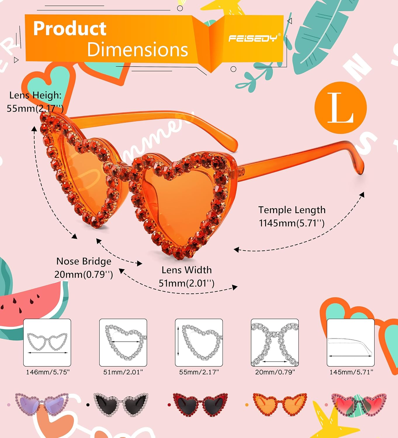 商品图片 12 | B0CDXC8YD5 | FEISEDY Heart Shaped Sunglasses for Women, Trendy Diamond Love Eyeglasses Fashion, Crystal Trim Jeweled Frame Party B2318