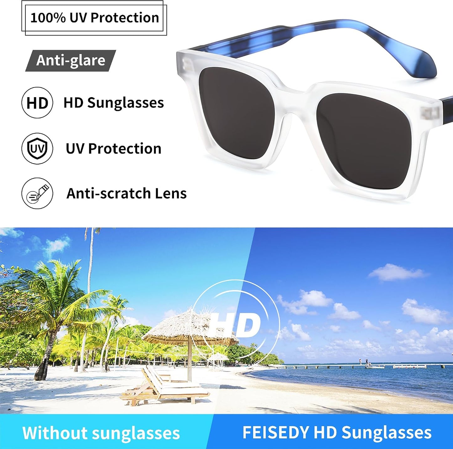 商品图片 27 | B0D7CC769X | FEISEDY Retro Square Sunglasses Women Men Trendy Rectangle Thick Frame Shades Classic Designer Sun Glasses B0198