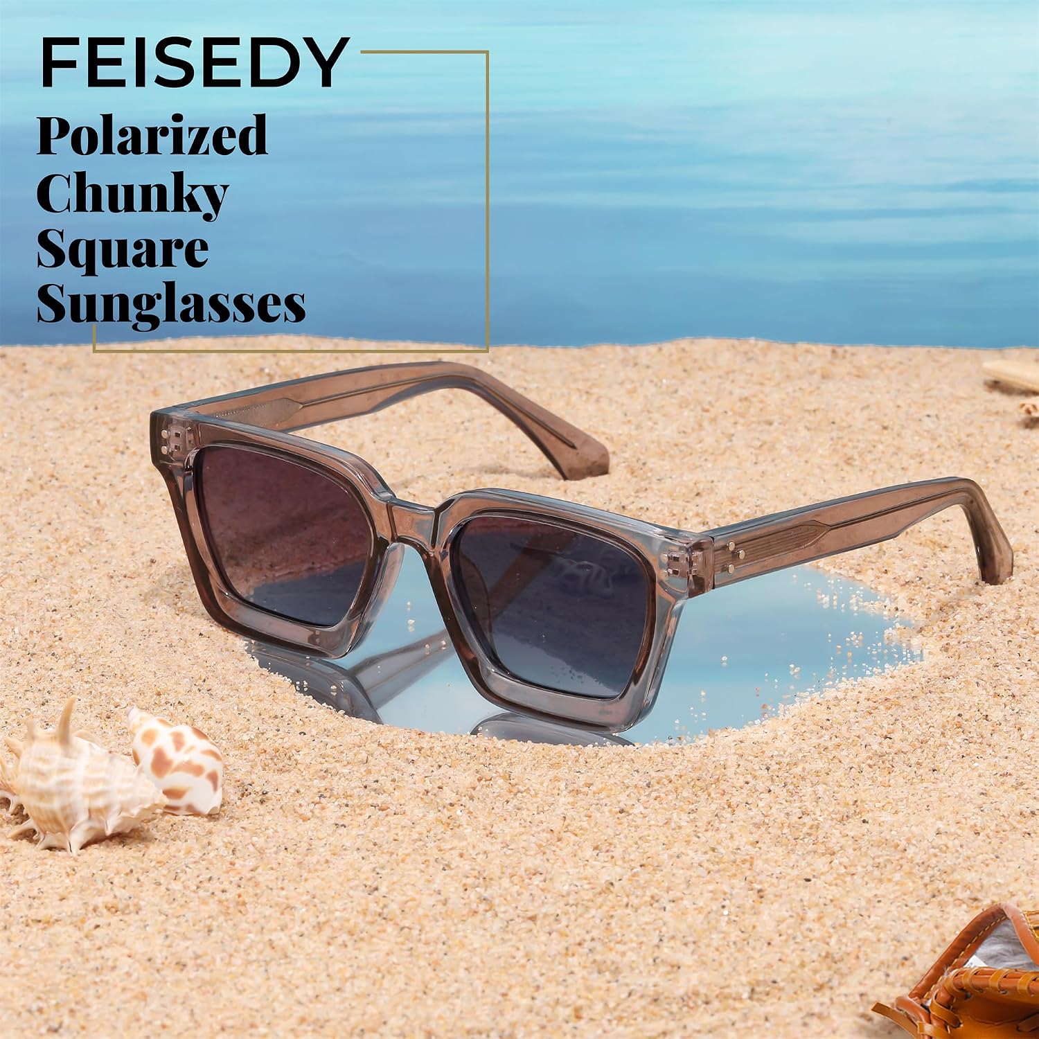 商品图片 7 | B0C9J9VMJL | FEISEDY Sunglasses Men Women Polarized, Chunky Square Thick Frame, Rectangle UV400 Shade Sun Glasses B2396