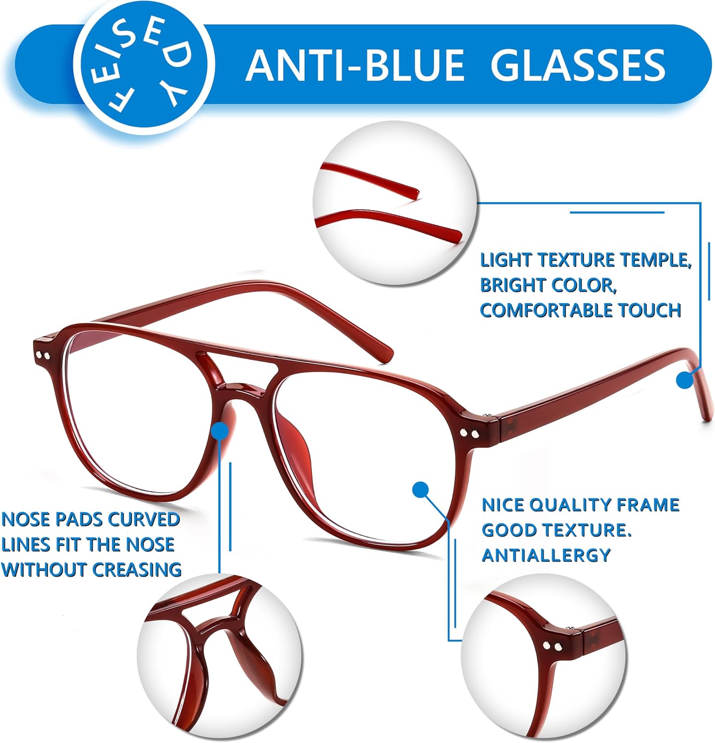 商品图片 36 | B0CY2LFJP7 | FEISEDY Blue Light Blocking Glasses Women Men Square Computer Lightweight Pilot Glasses Anti Eyestrain & UV Glare B0141
