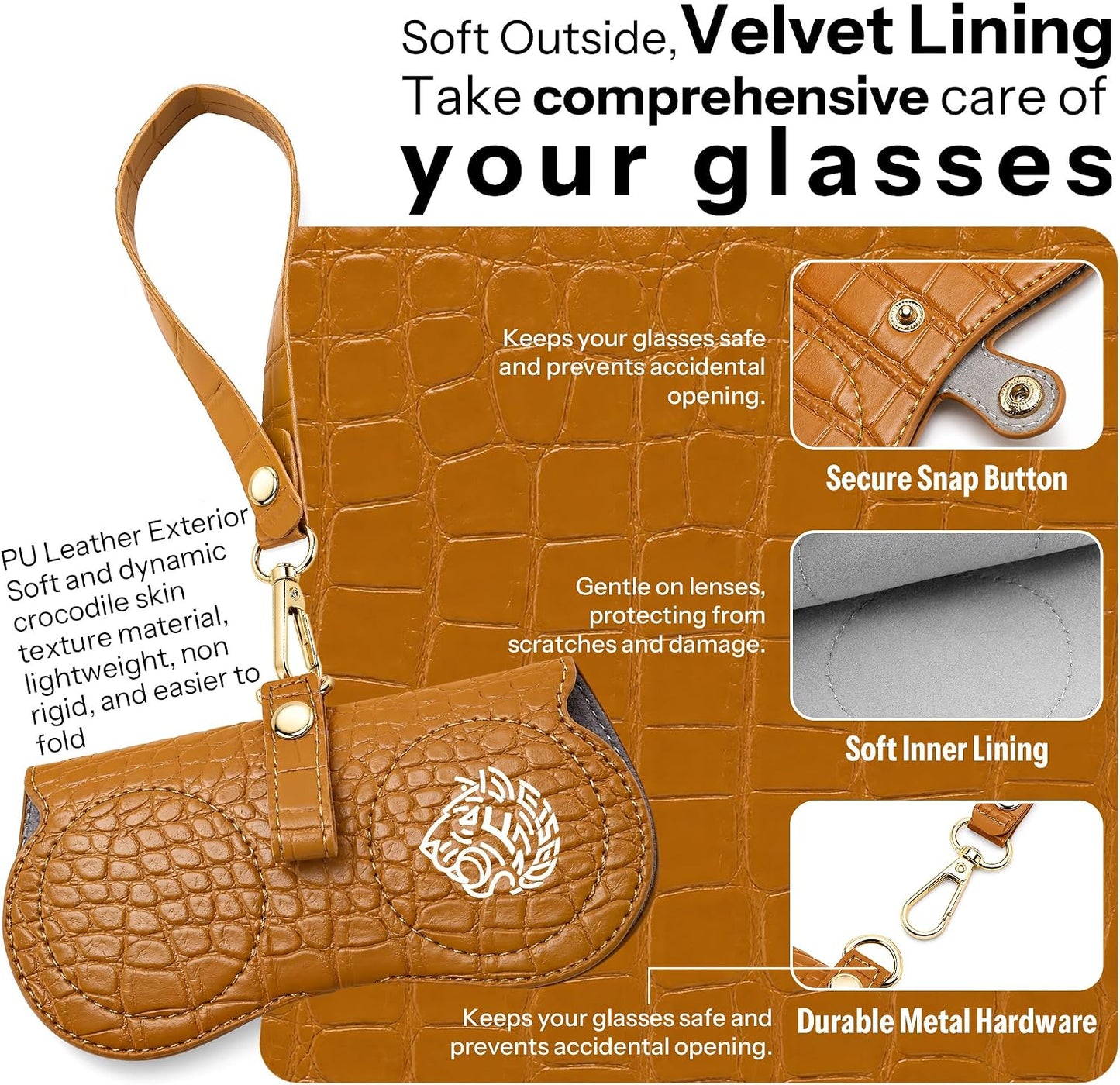 商品图片 21 | B0H4QTYMQP | FEISEDY Soft Crocodile Textured Leather Sunglass Bag, Portable Glasses Pouch With Button Clip Wrist Strap B0366