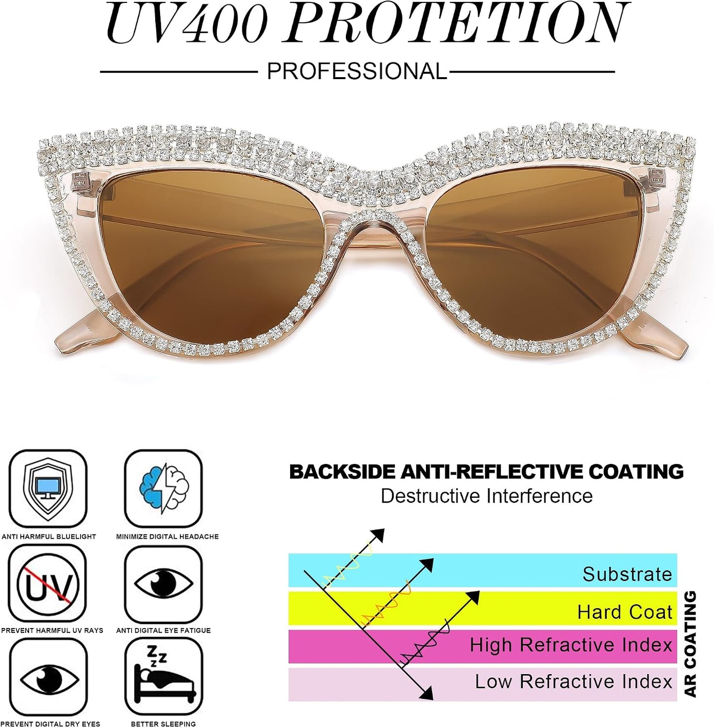 商品图片 30 | B0BZ7YMM4F | FEISEDY Oversized Women Cat Eye Rhinestone Sunglasses Costume Party B2360