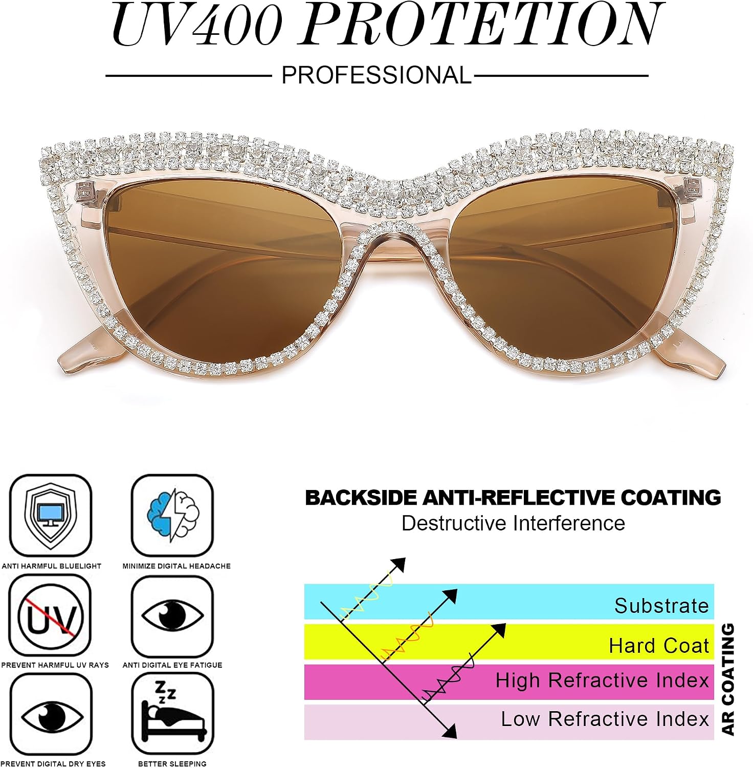 商品图片 30 | B0BZ7YMM4F | FEISEDY Oversized Women Cat Eye Rhinestone Sunglasses Costume Party B2360
