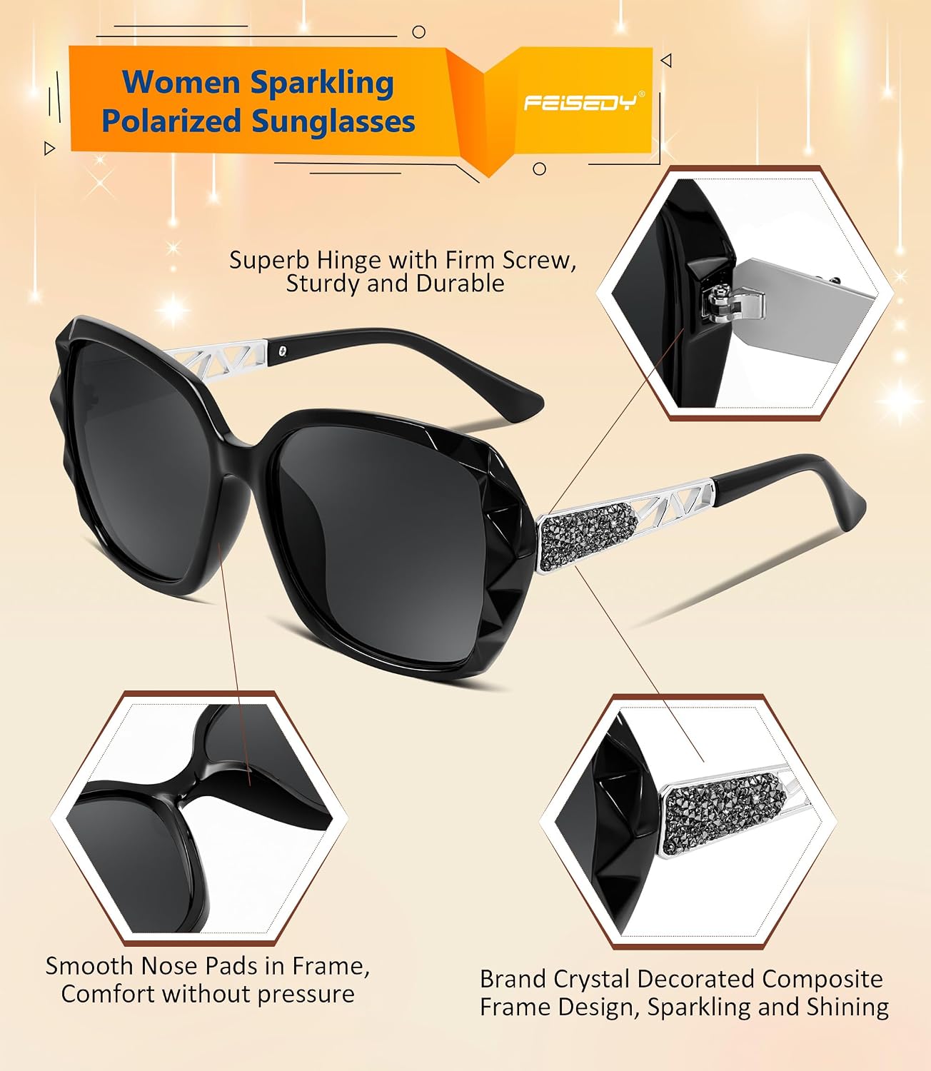 商品图片 63 | B079GT4RXH | FEISEDY Polarized Women Square Sunglasses Sparkling Composite Shiny Frame B2289