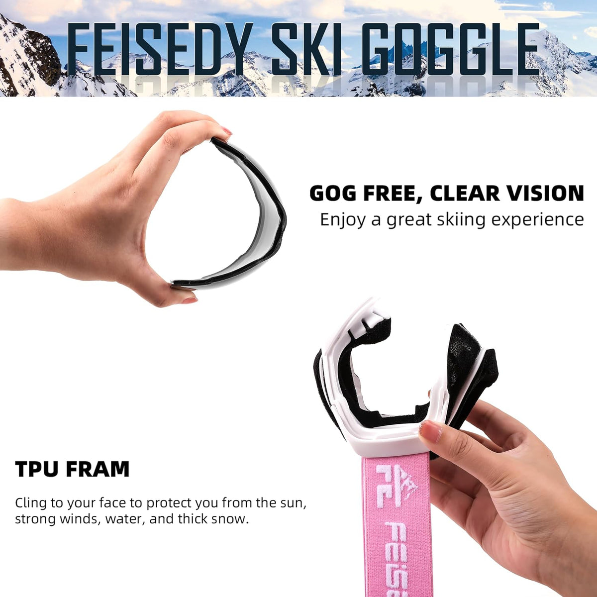 商品图片 21 | B0GHRB6WCQ | FEISEDY Ski Goggles, OTG Snow Sport Goggles for Adult Youth, Anti-Fog UV400 Protection Bendable Dual-Lenses B2961