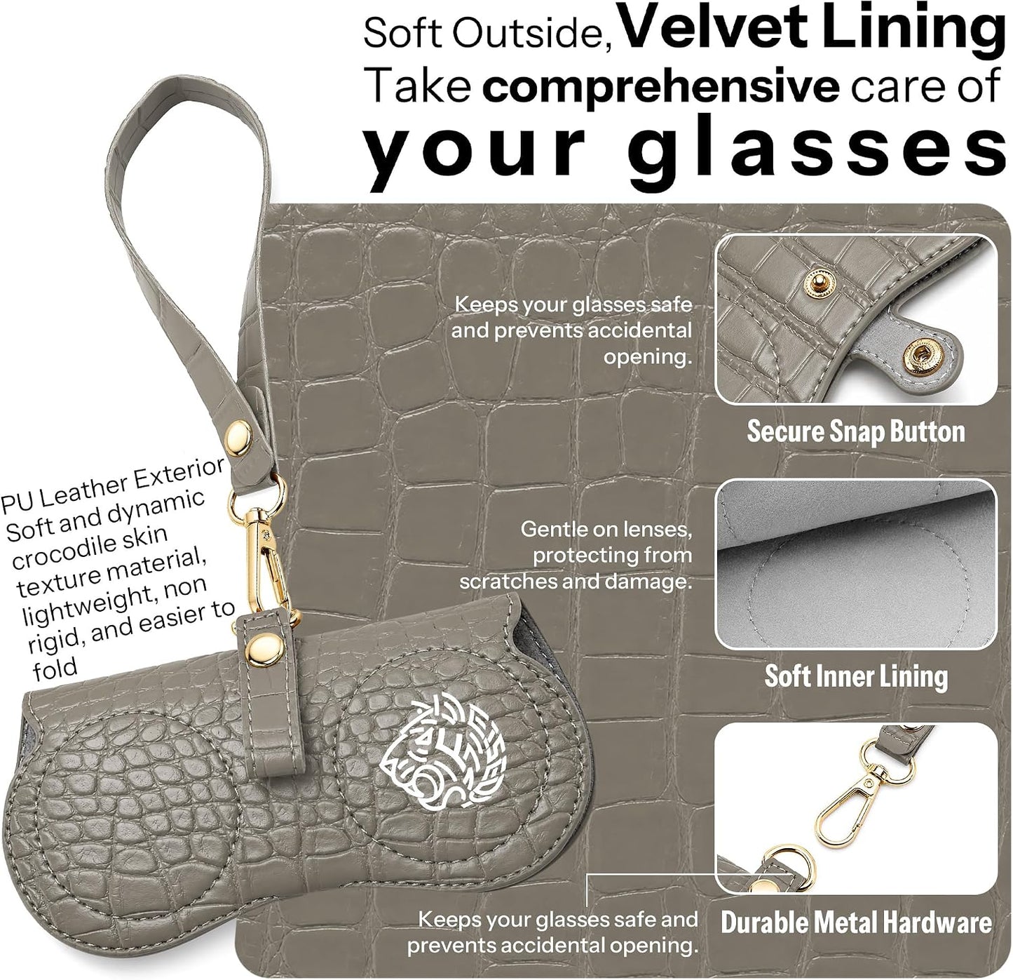 商品图片 31 | B0H4QTYMQP | FEISEDY Soft Crocodile Textured Leather Sunglass Bag, Portable Glasses Pouch With Button Clip Wrist Strap B0366
