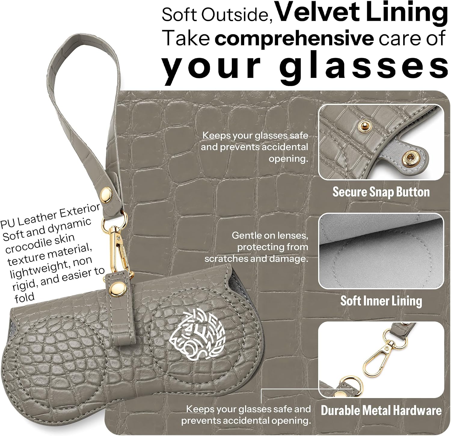 商品图片 31 | B0H4QTYMQP | FEISEDY Soft Crocodile Textured Leather Sunglass Bag, Portable Glasses Pouch With Button Clip Wrist Strap B0366