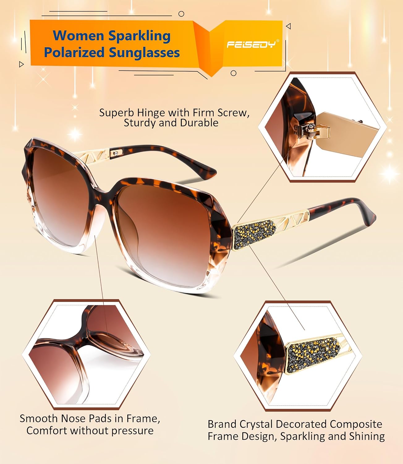 商品图片 50 | B079GT4RXH | FEISEDY Polarized Women Square Sunglasses Sparkling Composite Shiny Frame B2289