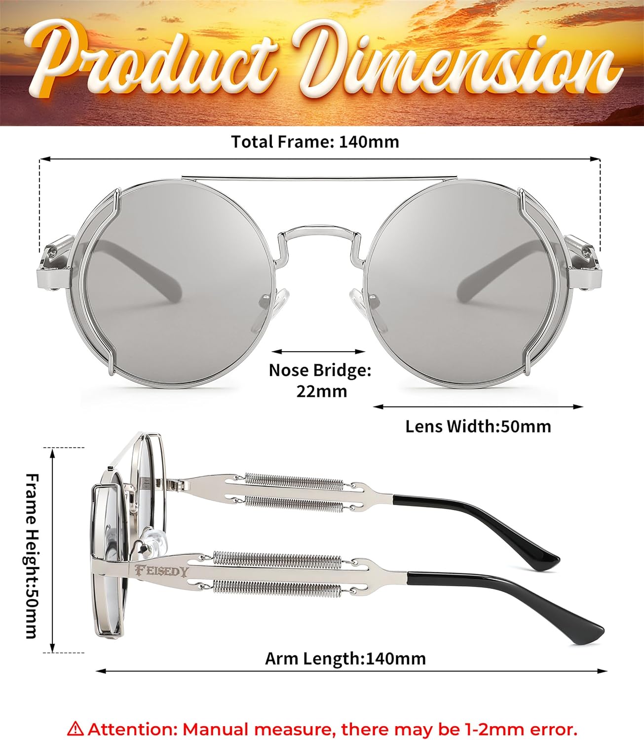 商品图片 31 | B0BD4MSMZQ | FEISEDY Aviator Sunglasses for Men Women Steampunk Round Metal Frame B2351