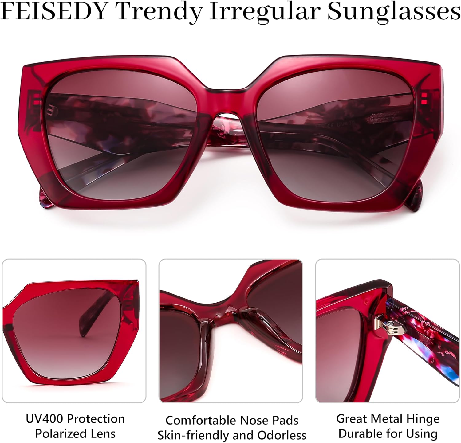 商品图片 29 | B0CNCTSQ2Z | FEISEDY Trendy Polarized Sunglasses, Oversized Irregular TR Frame for Women Men, Retro Shades UV400 B0016