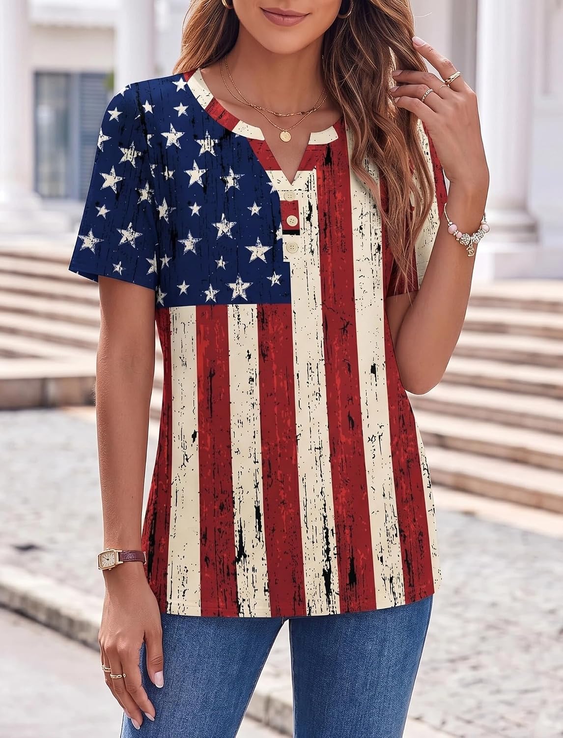 商品图片 2 | B0H4K1ZDH7 | Women's 4th of July American Flag Shirt, Short Sleeve V Neck Patriotic T-Shirt, Casual Summer Tops for Independence Day