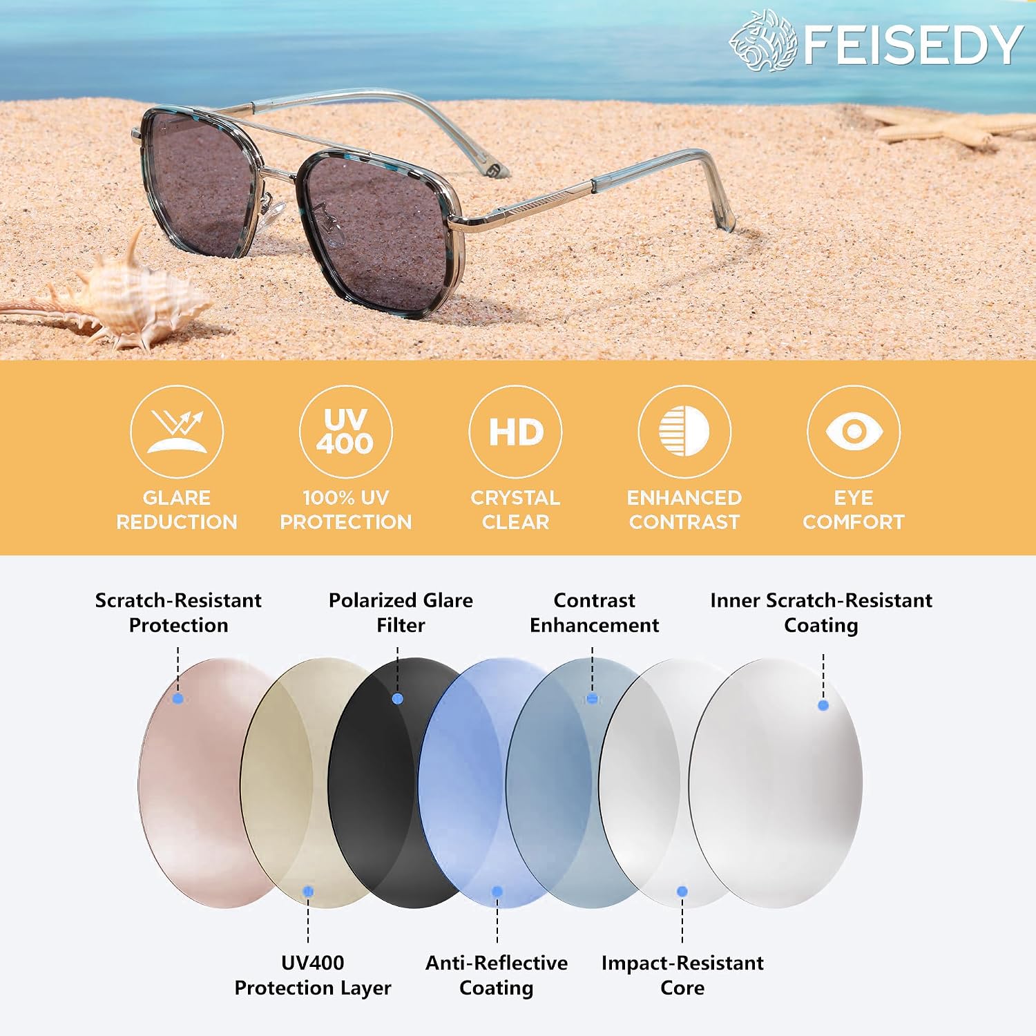 商品图片 18 | B0FQ4Y7FV6 | FEISEDY Polarized Aviator Sunglasses for Women Men Square TAC Lens B0329 | UV400 protection, Lightweight, Military-grade durability, Spring temples, Climate Pledge Friendly, Driving, Beach