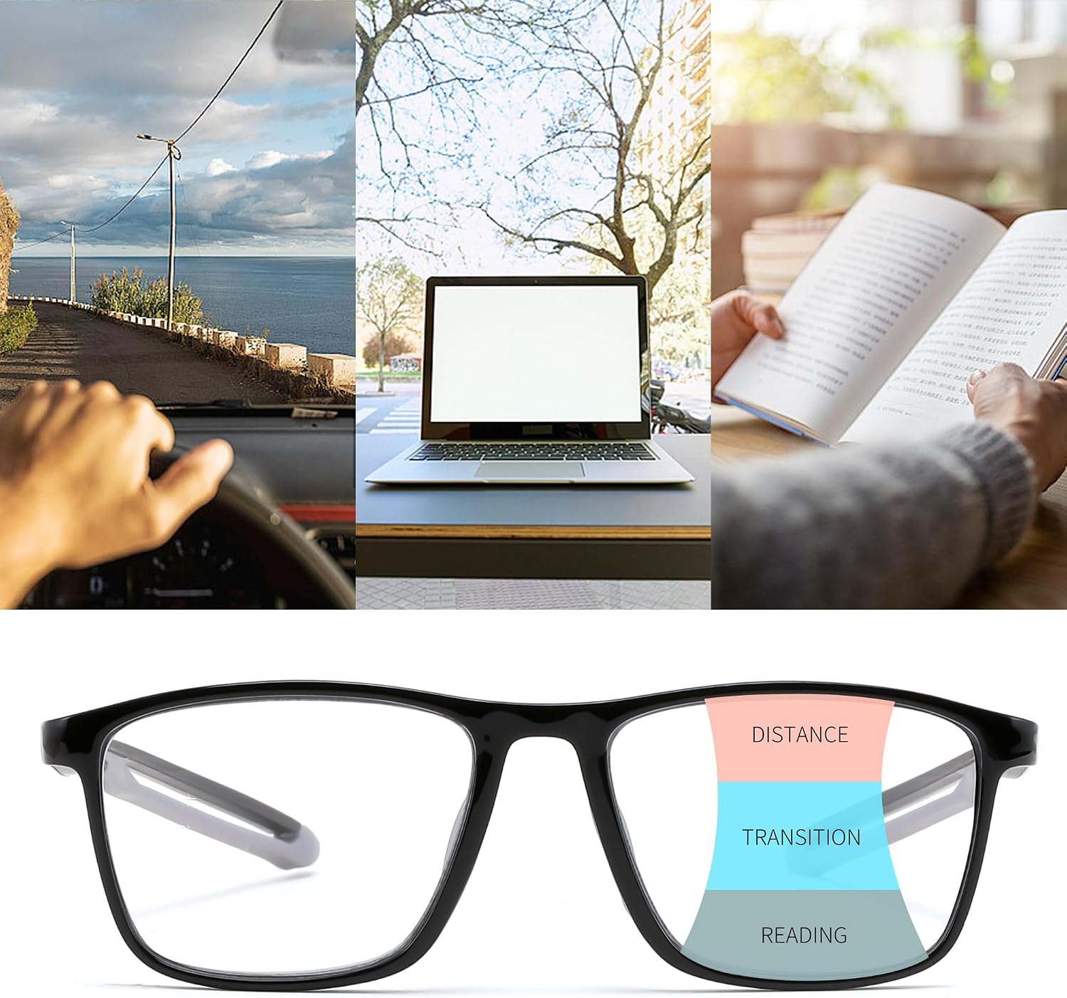 商品图片 6 | B0GLF6C715 | FEISEDY Progressive Multifocal Reading Glasses Blue Light Blocking B0397 | Sports Square Frame Near-Far Dual Use Blue Light Blocking Reading Glasses for Women Men