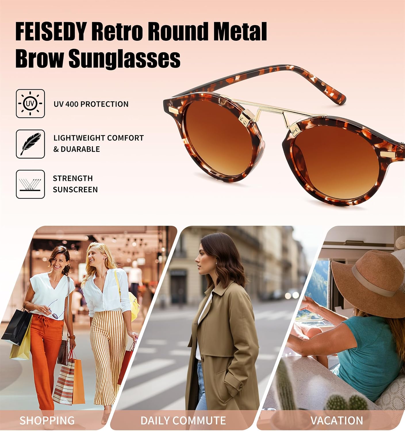 商品图片 36 | B0GX62YR7C | FEISEDY Retro Round Metal Brow Sunglasses for Women for Small Face B0427