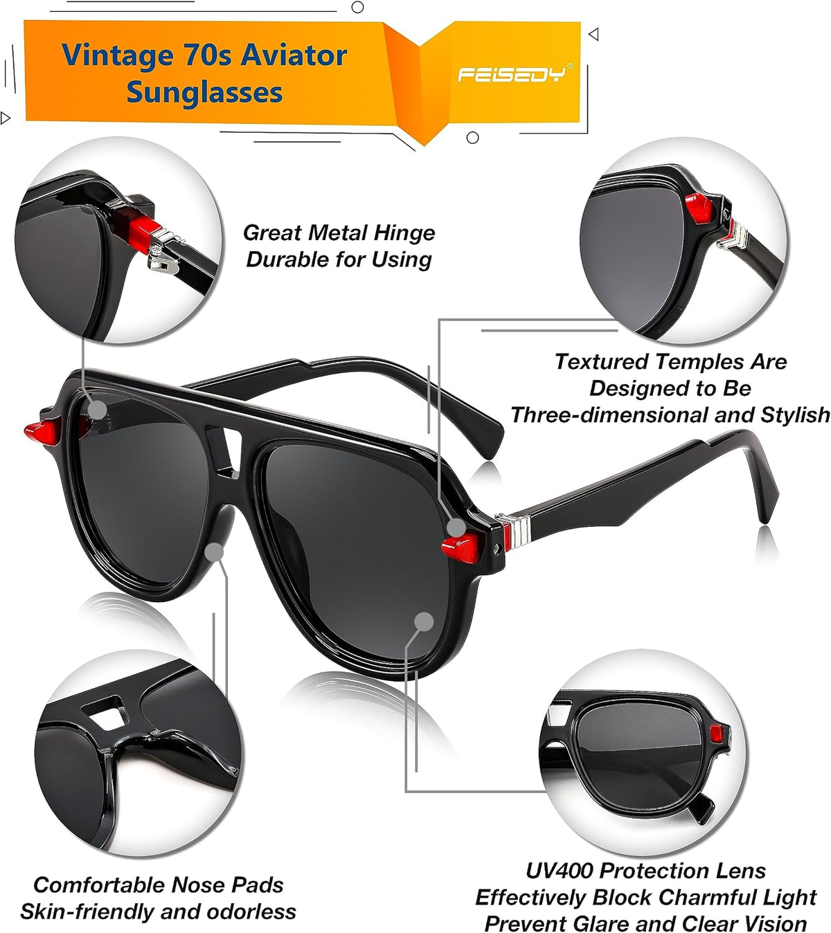 ÉÌƷͼƬ 34 | B0CDGNN3ZN | FEISEDY Vintage 70s Aviator Sunglasses Men Women Classic Retro Trendy Large Frame UV400 Sun Glasses B0030