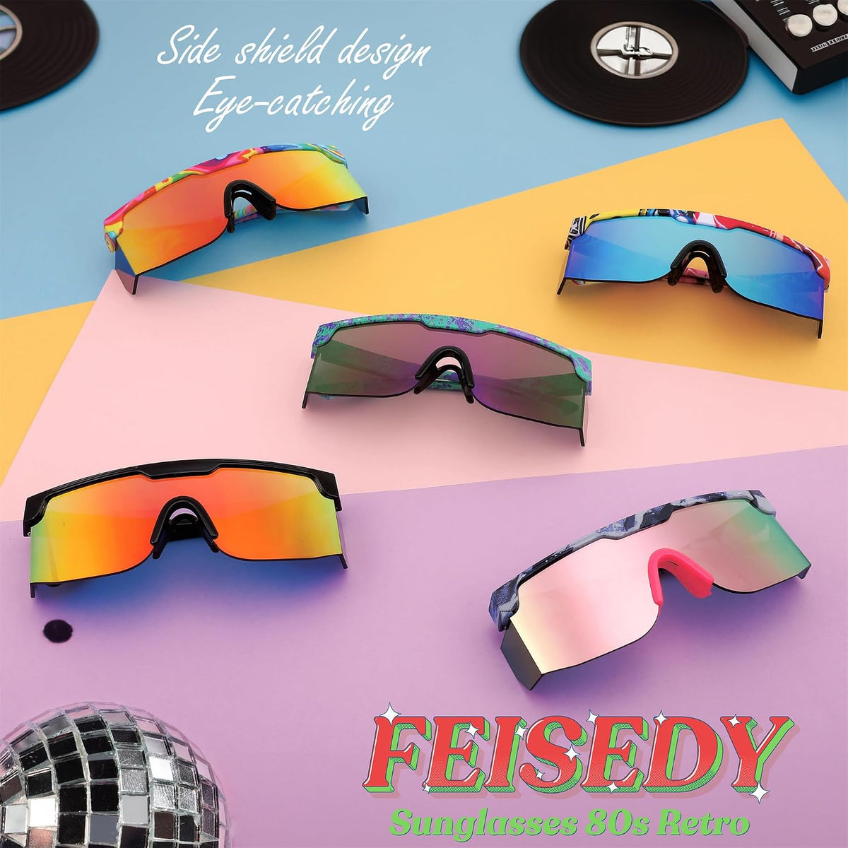 ÉÌƷͼƬ 14 | B0CFFGCBZ6 | FEISEDY Sunglasses Women Men Sports, 80s Visor Retro Neon Square Sun Glasses, Miorred Shades UV400 B0004
