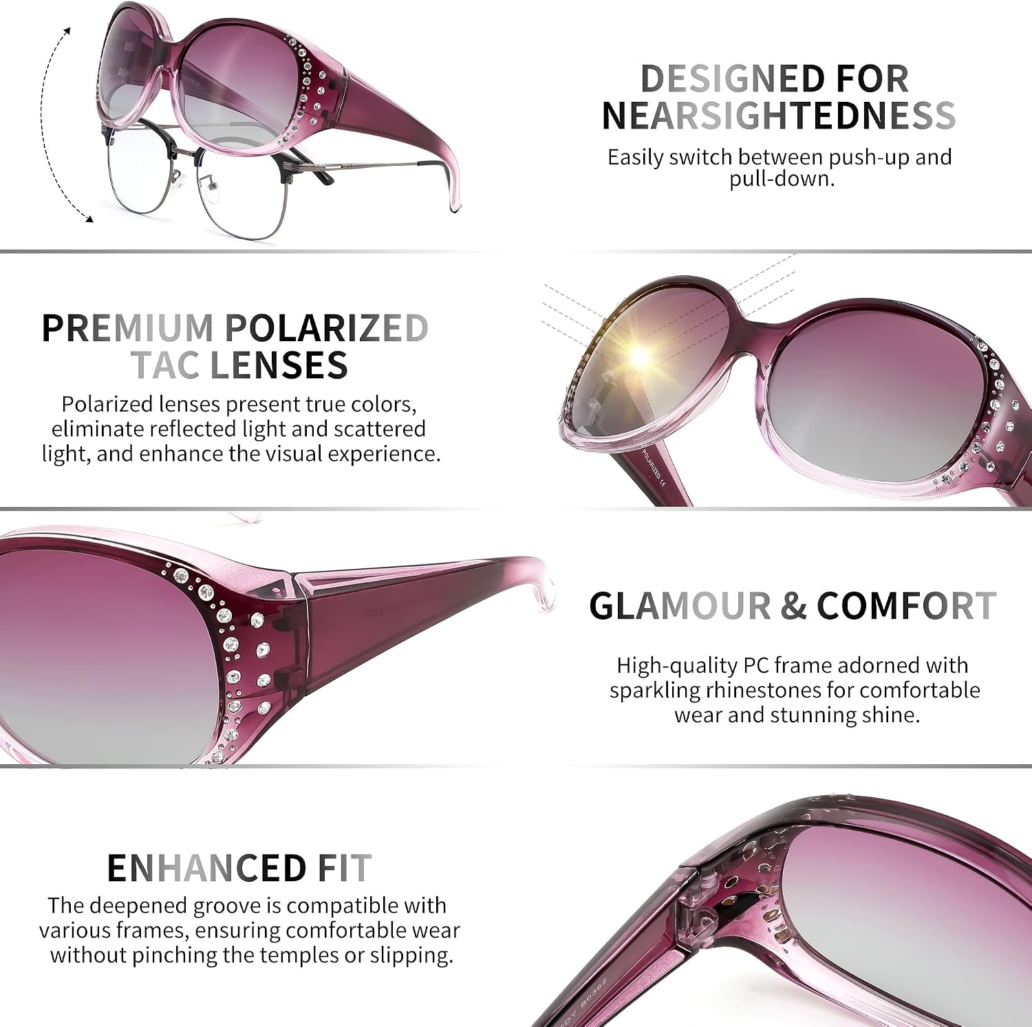 商品图片 28 | B0GRVLVZYS | FEISEDY Women's Polarized Wrap-Around Fit Over Sunglasses with Rhinestones, Anti-Glare Driving Sun Glasses B0362