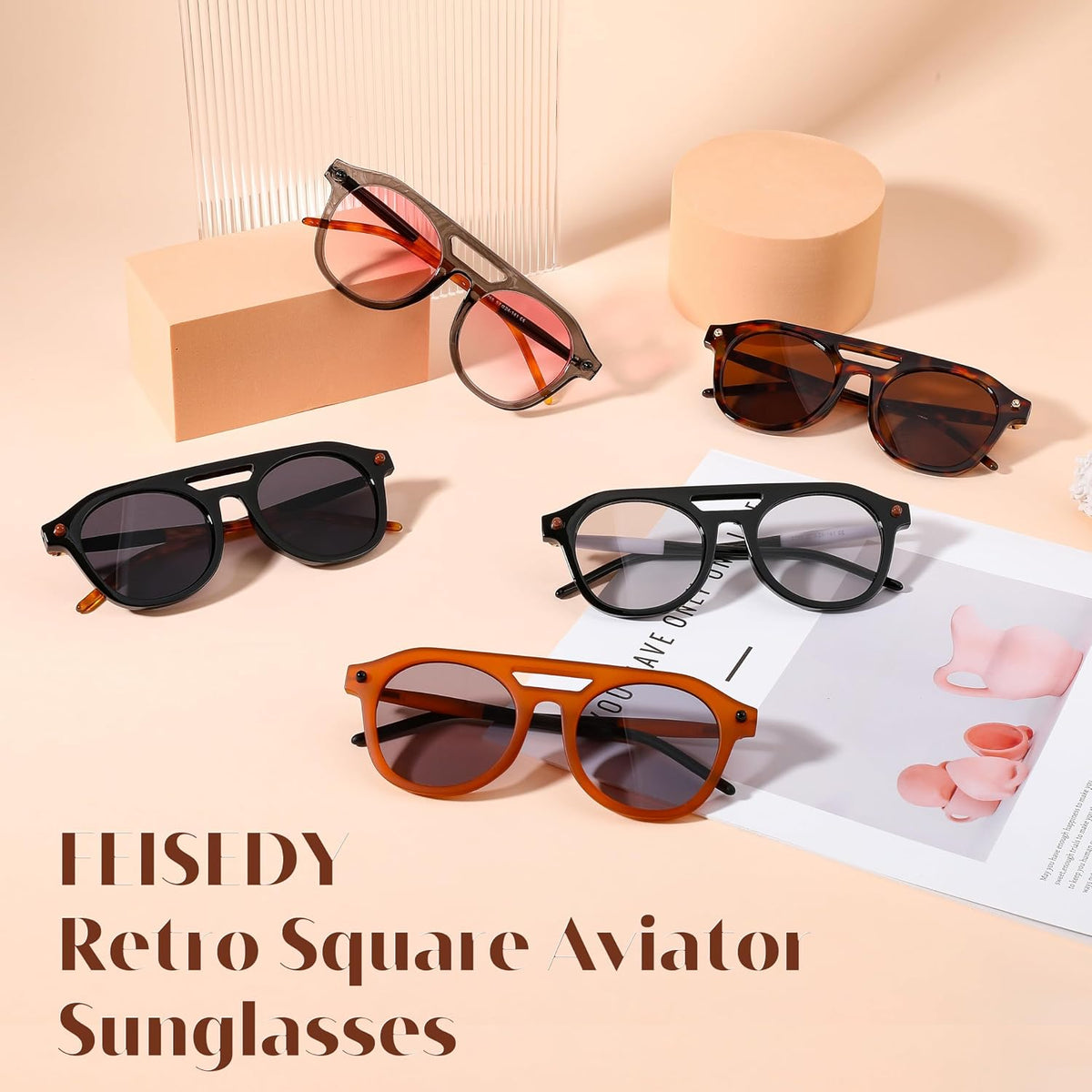 ÉÌƷͼƬ 7 | B0CHBBJ1H1 | FEISEDY Retro Square Aviator Sunglasses Womens Mens Trendy 70s Vintage Stylish Frame UV400 Sun Glasses B0051
