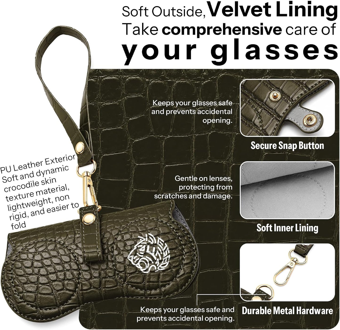商品图片 36 | B0H4QTYMQP | FEISEDY Soft Crocodile Textured Leather Sunglass Bag, Portable Glasses Pouch With Button Clip Wrist Strap B0366