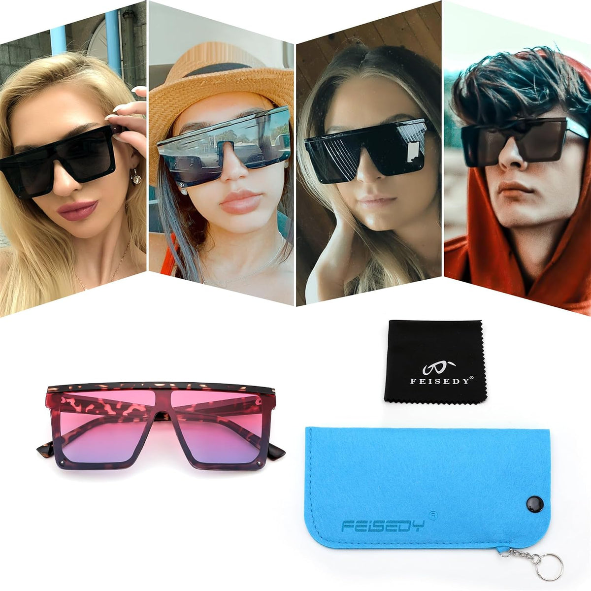 ÉÌƷͼƬ 105 | B09H6XXSDN | FEISEDY Oversized Sunglasses Mens Womens Flat Top Square Trendy Visor Shades UV400 B2470