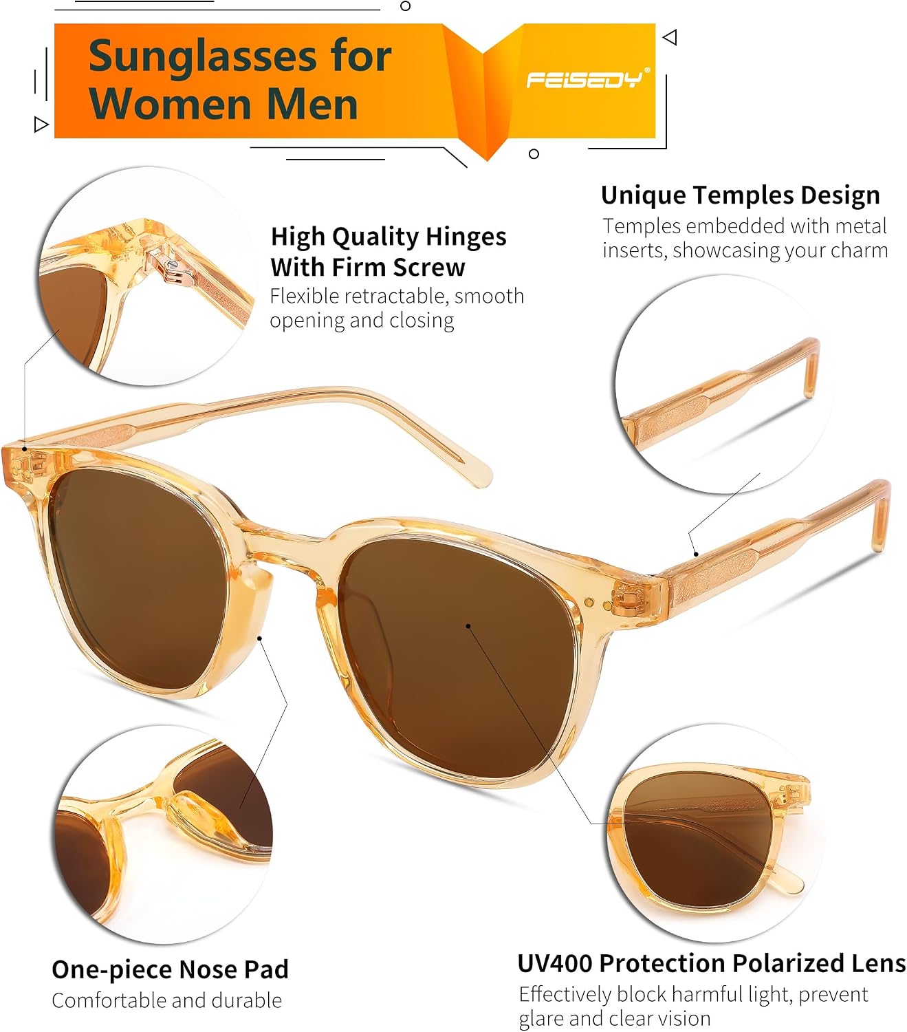 商品图片 37 | B0CCPBD9GS | FEISEDY Classic Polarized Sunglasses Retro Round Sunglasses for Women Men Trendy Shades B0002