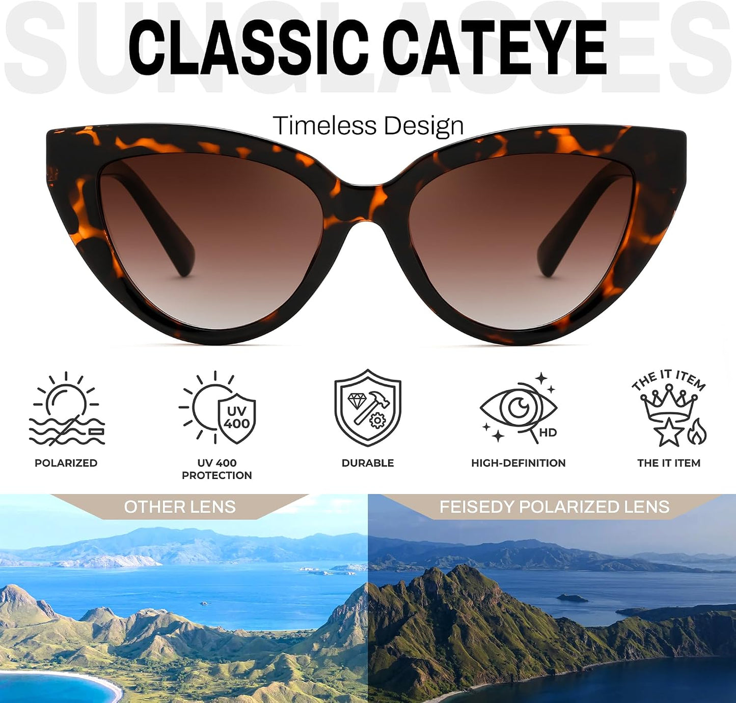 商品图片 16 | B0GVF3CZ9N | FEISEDY Cat eye Sunglasses Polarized and Retro Stylish for Women Men B0428 | UV400 Protection, for Driving Fishing Beach Travel and Party, Metal Accents, Versatile Styling
