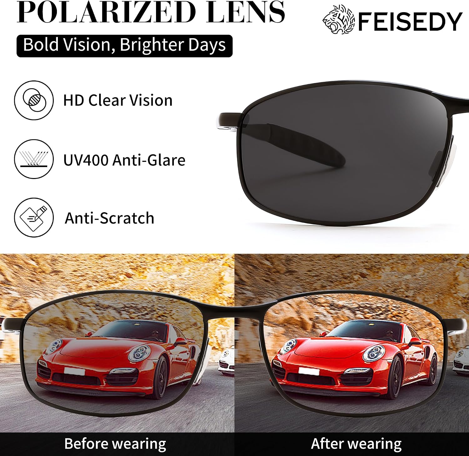 商品图片 6 | B07GSRV2H5 | FEISEDY Rectangle Polarized Square Sunglasses for Men Women B2444