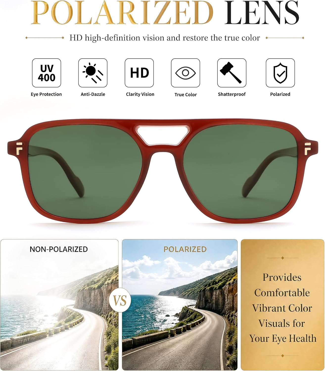 商品图片 39 | B0H2V9BFS5 | FEISEDY Retro Polarized Aviator Square Sunglasses for Women Men UV400 B0357