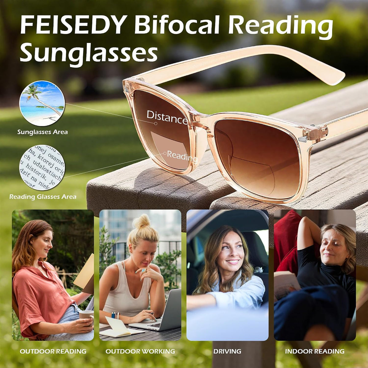 ÉÌƷͼƬ 23 | B0DFPVZVTV | FEISEDY Classic Bifocal Reader Sunglasses for Women Men Square Blue Light Reading Glasses B0231