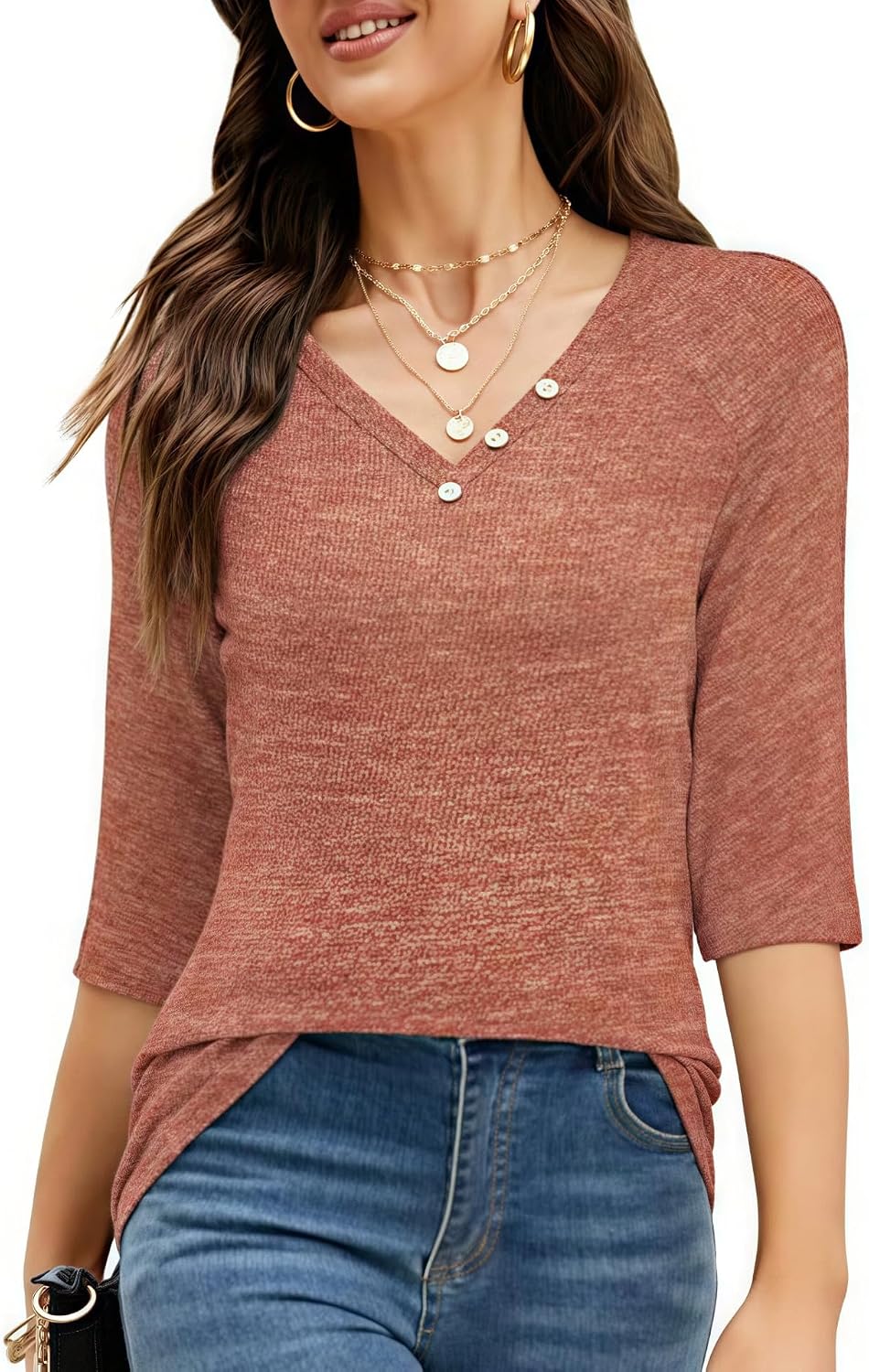 Medium / Orange | B0H1MZ9MTJ | Women's 3/4 Sleeve V Neck Raglan Tunic Tops Button Detail Dressy Casual Business Blouses 2026 Spring Summer Shirts
