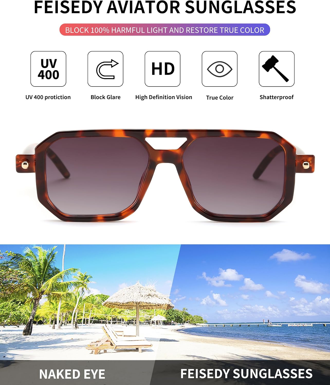 商品图片 131 | B09YTJ4FQZ | FEISEDY Vintage Square 70s Flat Aviator Sunglasses Women Men Classic Retro Stylish Frame UV400 Sunglasses B2622