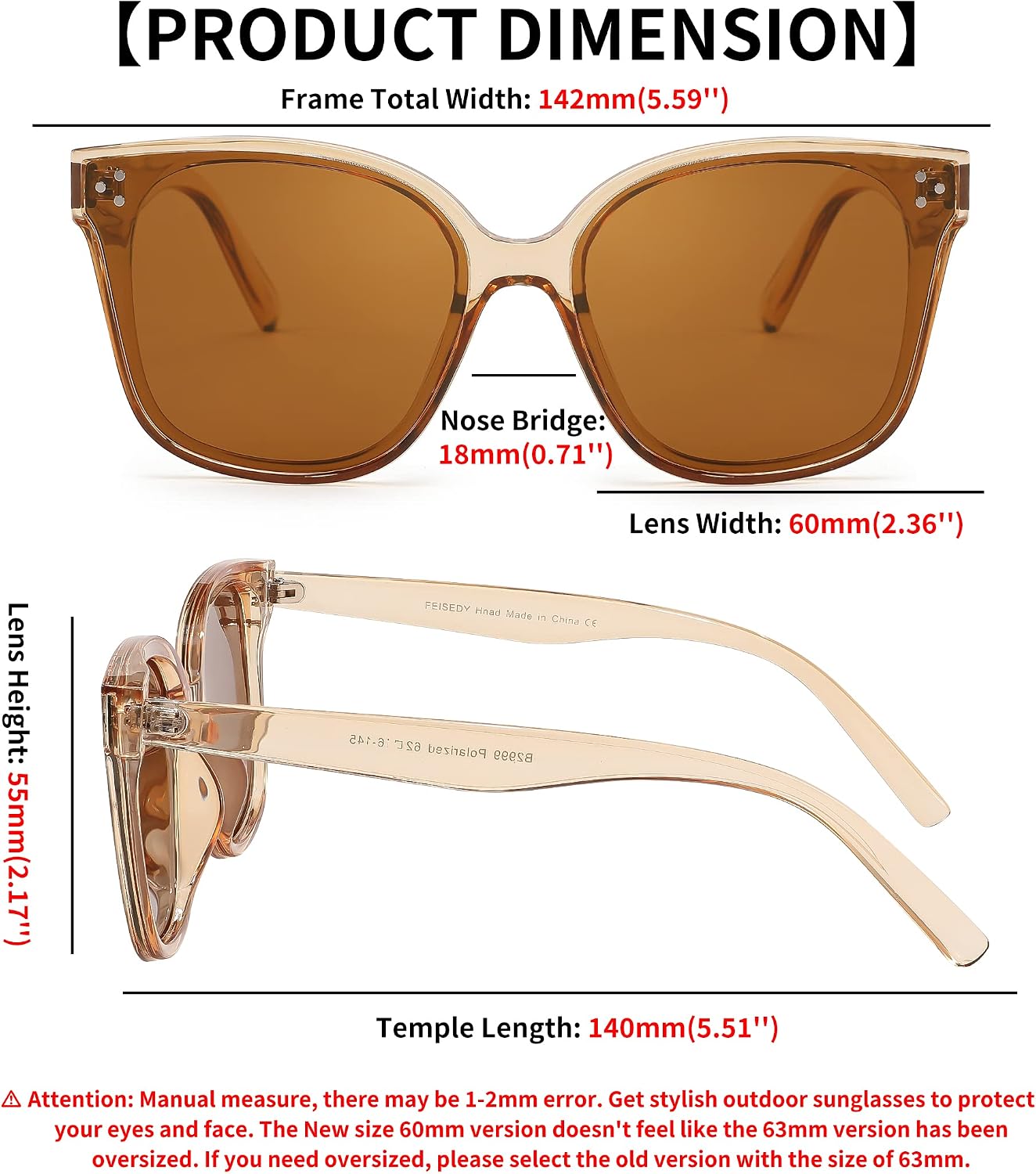 商品图片 100 | B0871BKMTN | FEISEDY Oversized Polarized Sunglasses - UV400 Protection, Square Fashion Sun Glasses for Outdoor & Daily B2600
