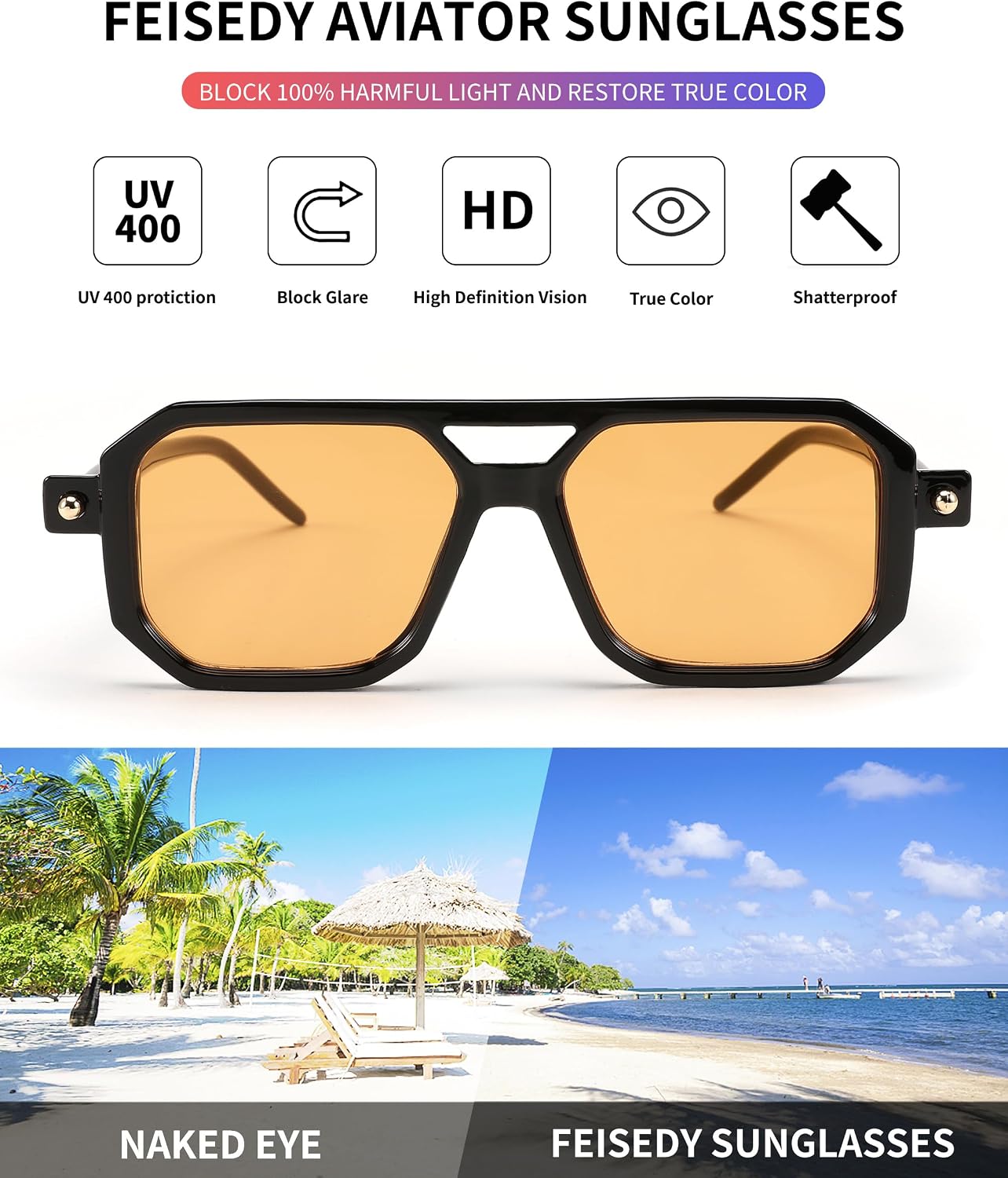商品图片 187 | B09YTJ4FQZ | FEISEDY Vintage Square 70s Flat Aviator Sunglasses Women Men Classic Retro Stylish Frame UV400 Sunglasses B2622