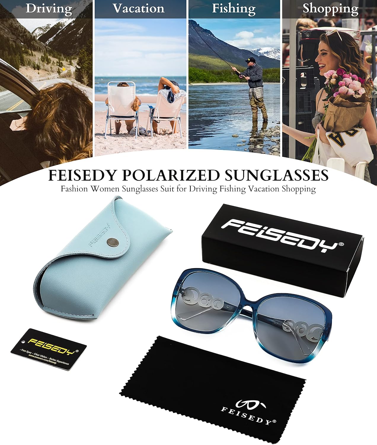 商品图片 23 | B0BJ71VZCB | FEISEDY Women's Fashion Sunglasses, Oversized Square Frame with Pearl Sparkling, Polarized UV Protection B2821