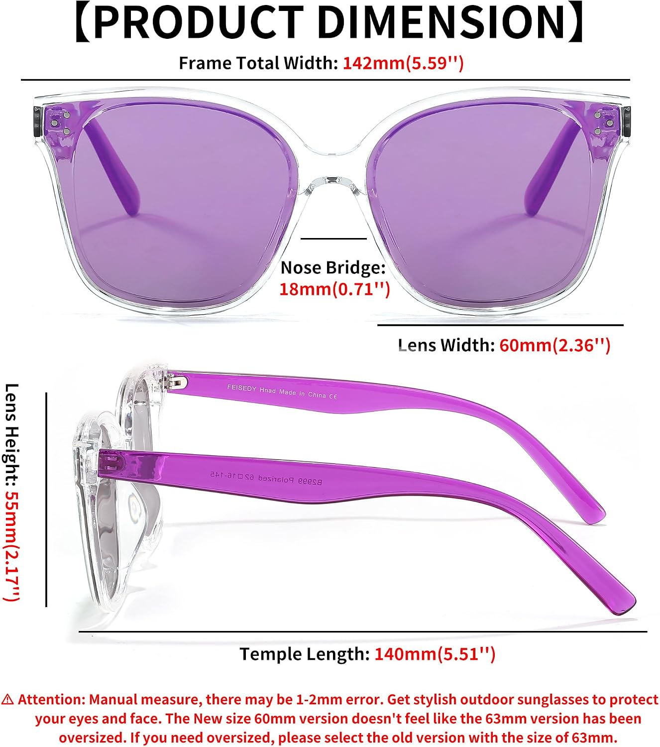 商品图片 87 | B0871BKMTN | FEISEDY Oversized Polarized Sunglasses - UV400 Protection, Square Fashion Sun Glasses for Outdoor & Daily B2600